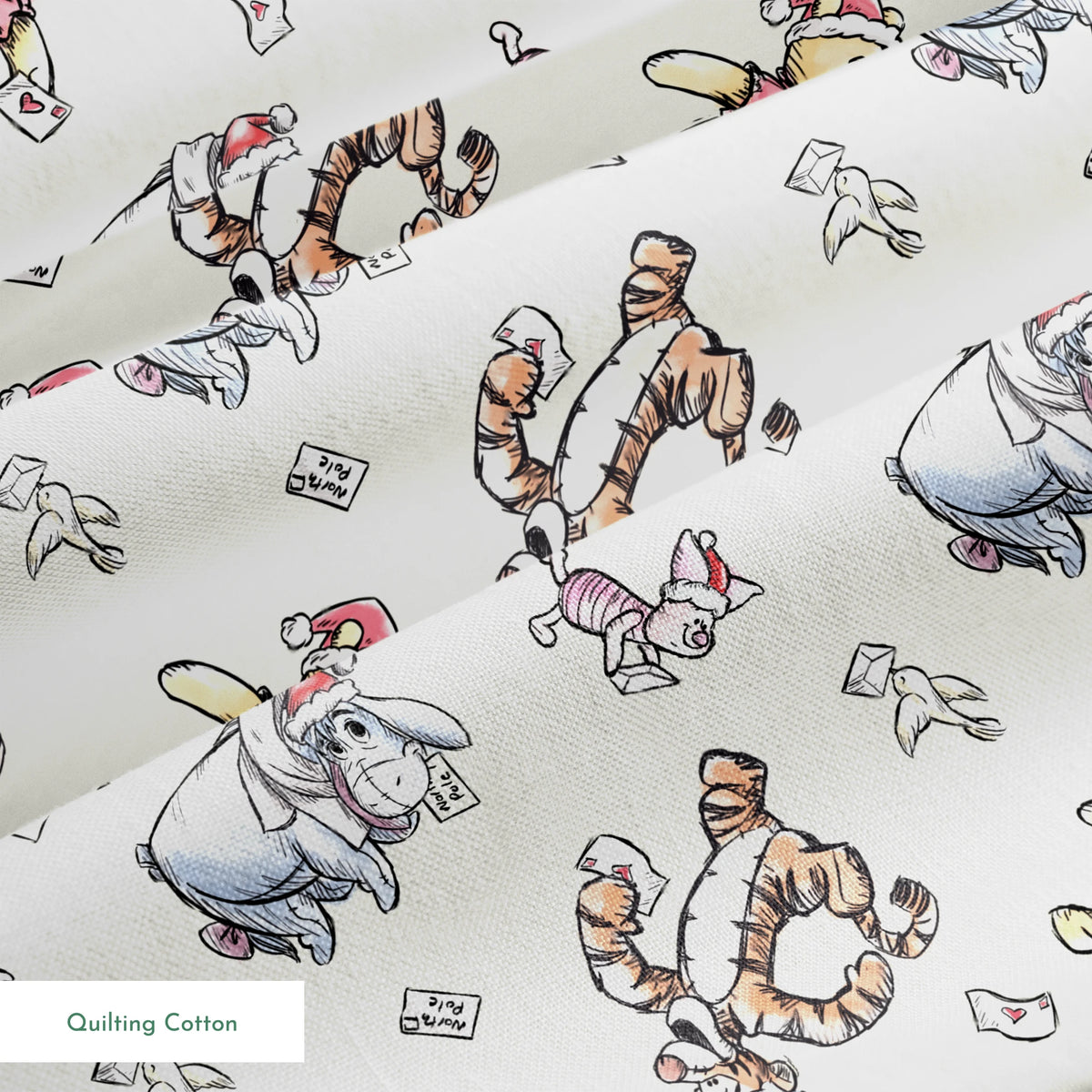 Whimsical cartoon characters in Santa hats on cream background with scattered letters springs quiltingcotton texture