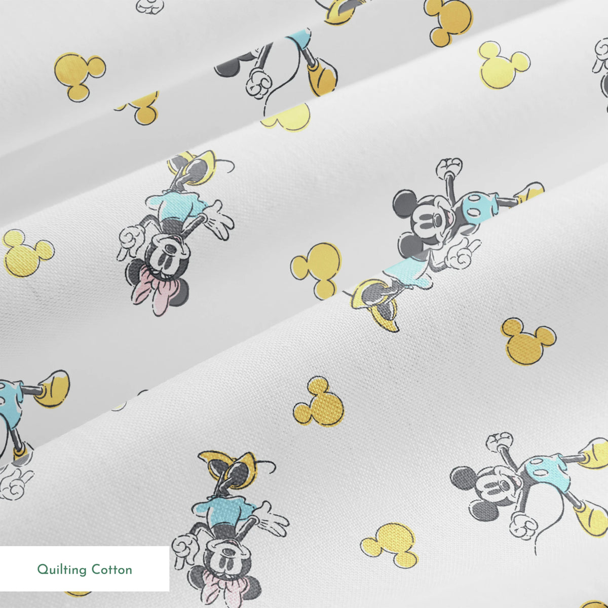 Mickey Mouse characters in light blue outfits scattered on white background with yellow Mickey silhouettes springs quiltingcotton texture