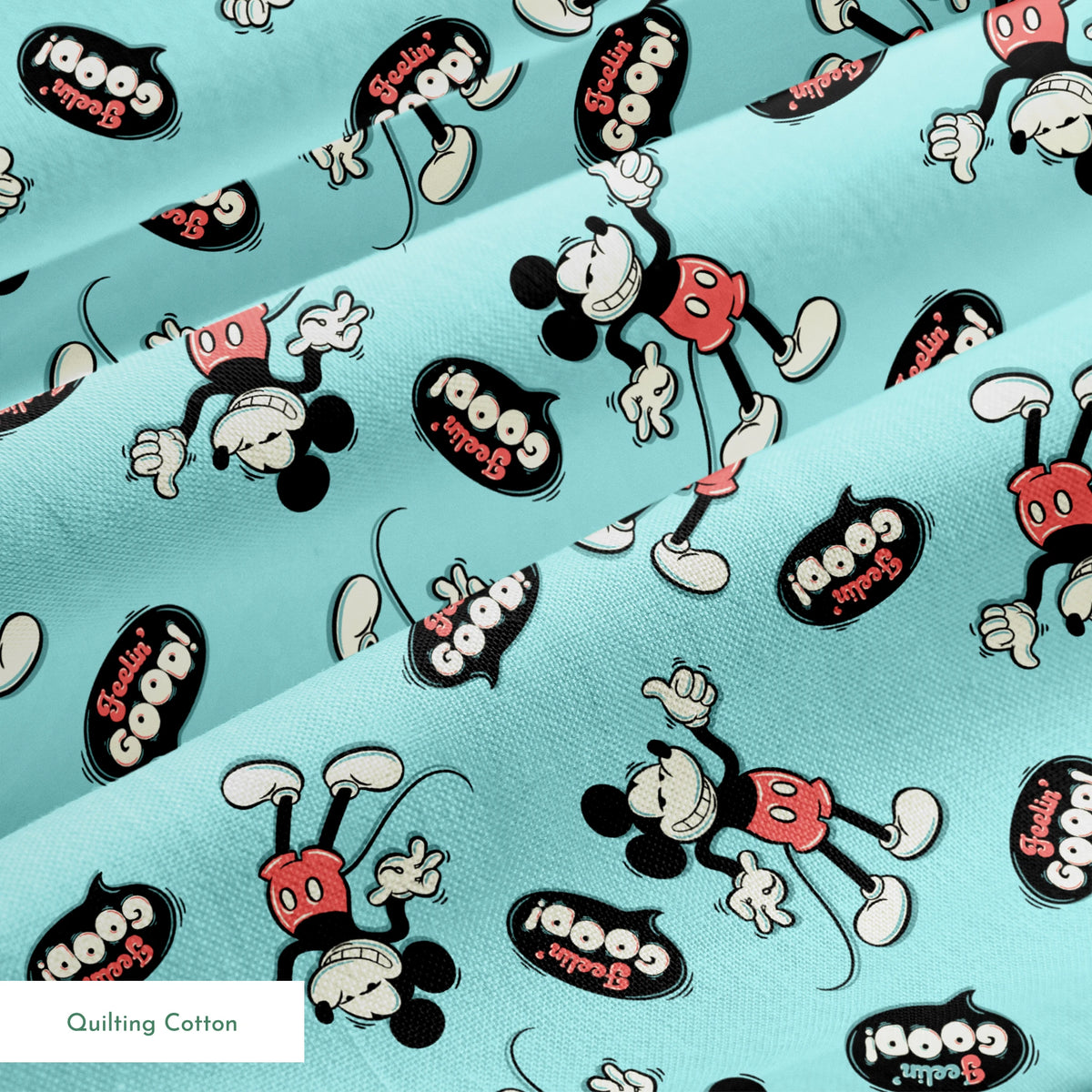 Mickey Mouse pattern on teal background with cartoon characters and "Gosh!" speech bubbles springs quiltingcotton texture