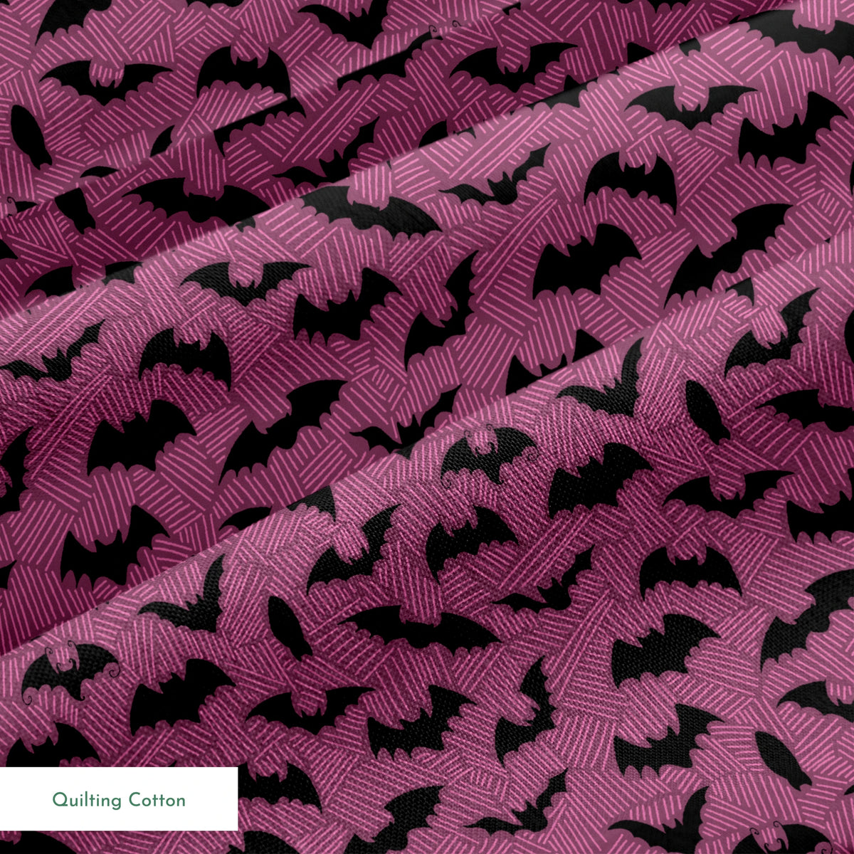 Black bat silhouettes scattered across a purple background with swirling line pattern springs quiltingcotton texture