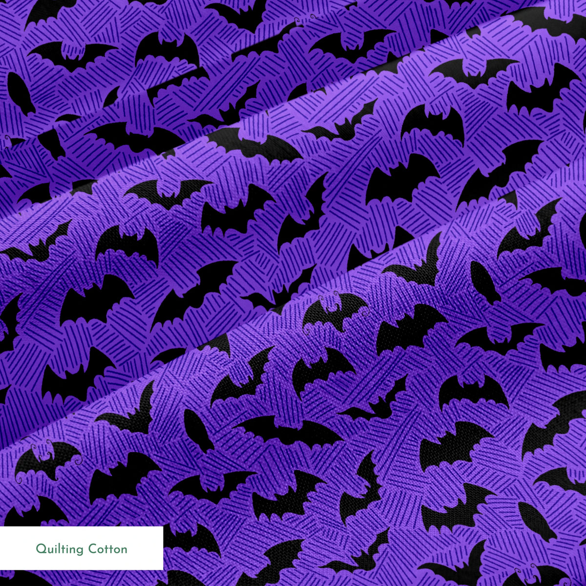 Black bat silhouettes scattered over purple zigzag background, Halloween-themed pattern springs quiltingcotton texture