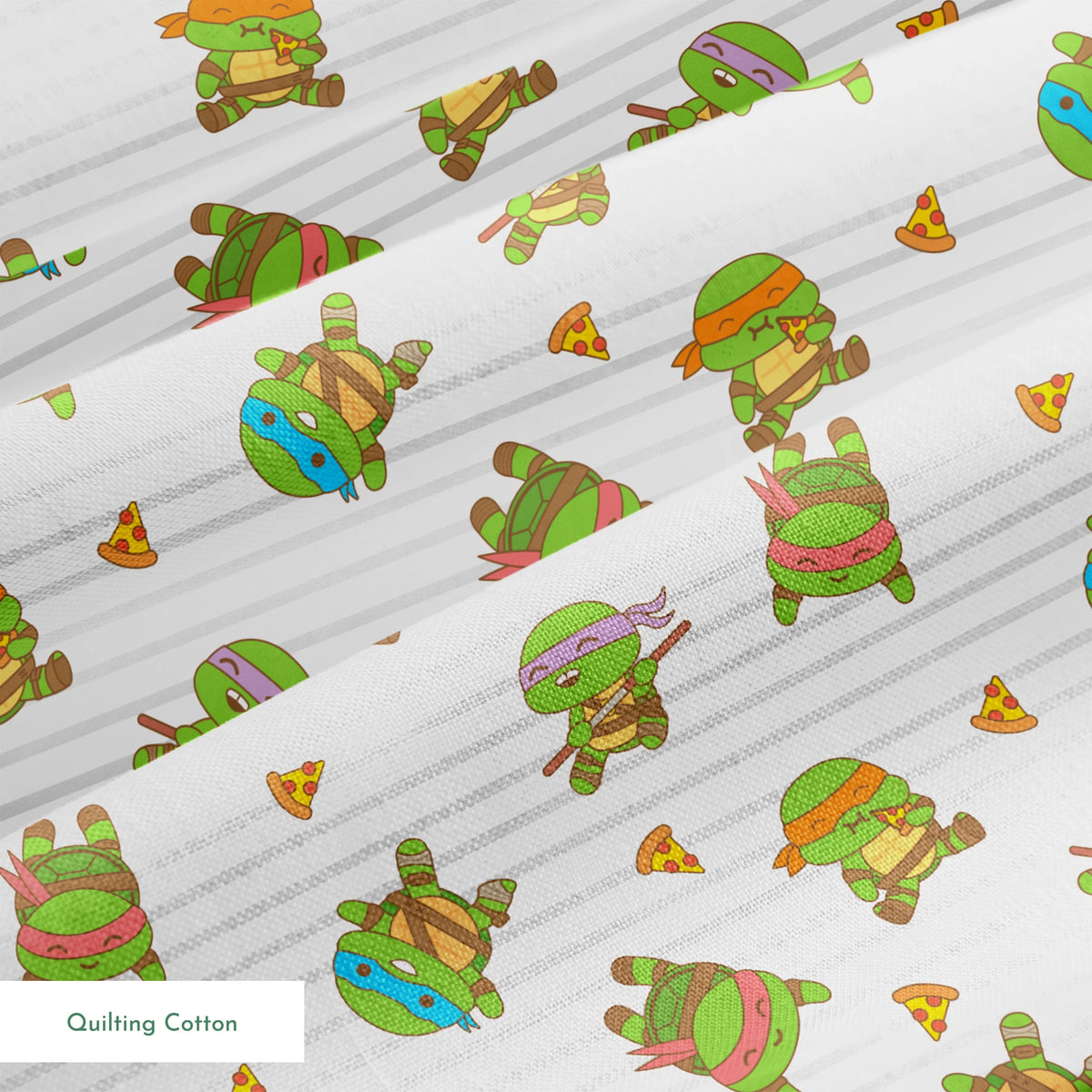 Teenage Mutant Ninja Turtles in various poses with pizza slices on gray striped background springs quiltingcotton texture