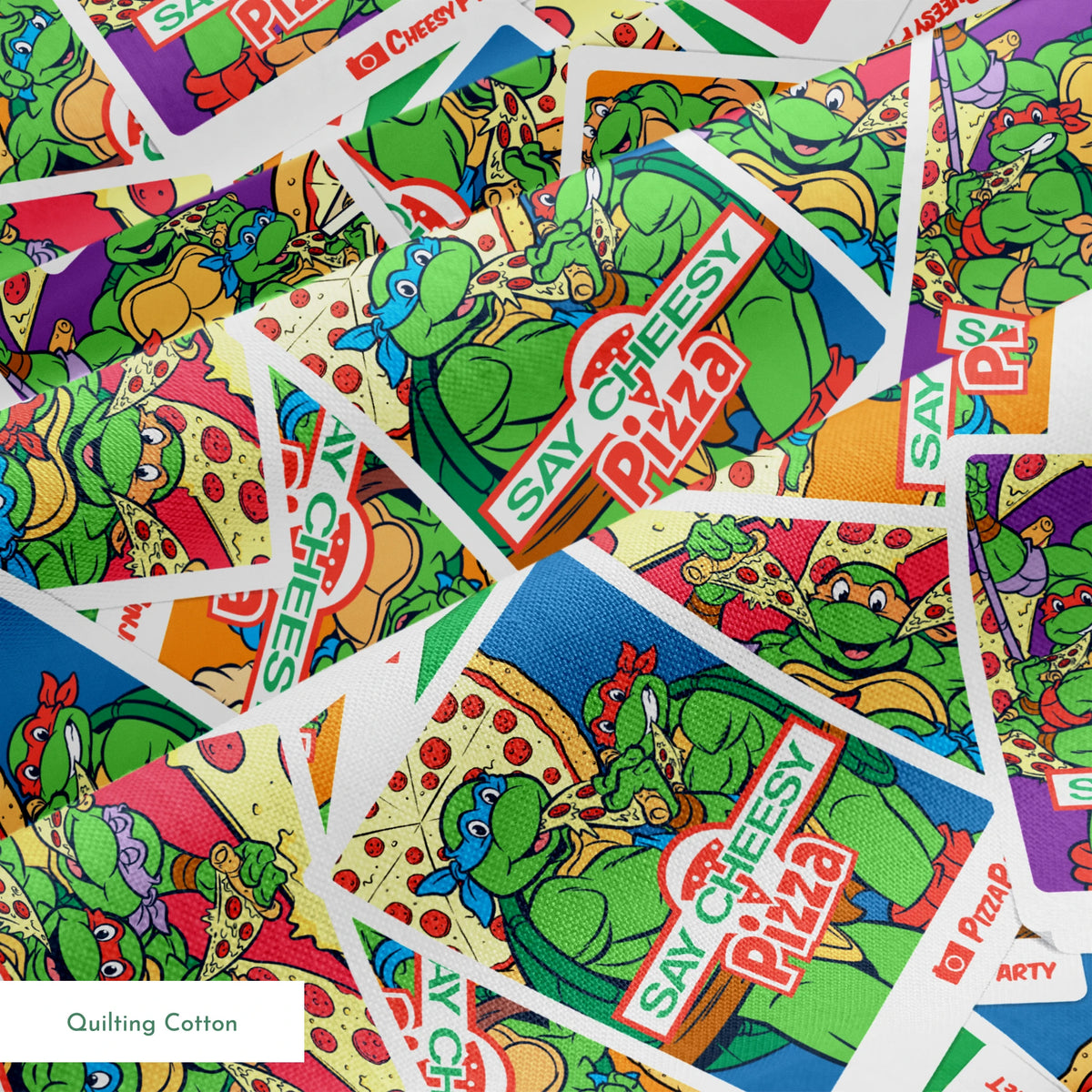 Scattered vintage Teenage Mutant Ninja Turtles trading cards with colorful comic-style artwork springs quiltingcotton texture