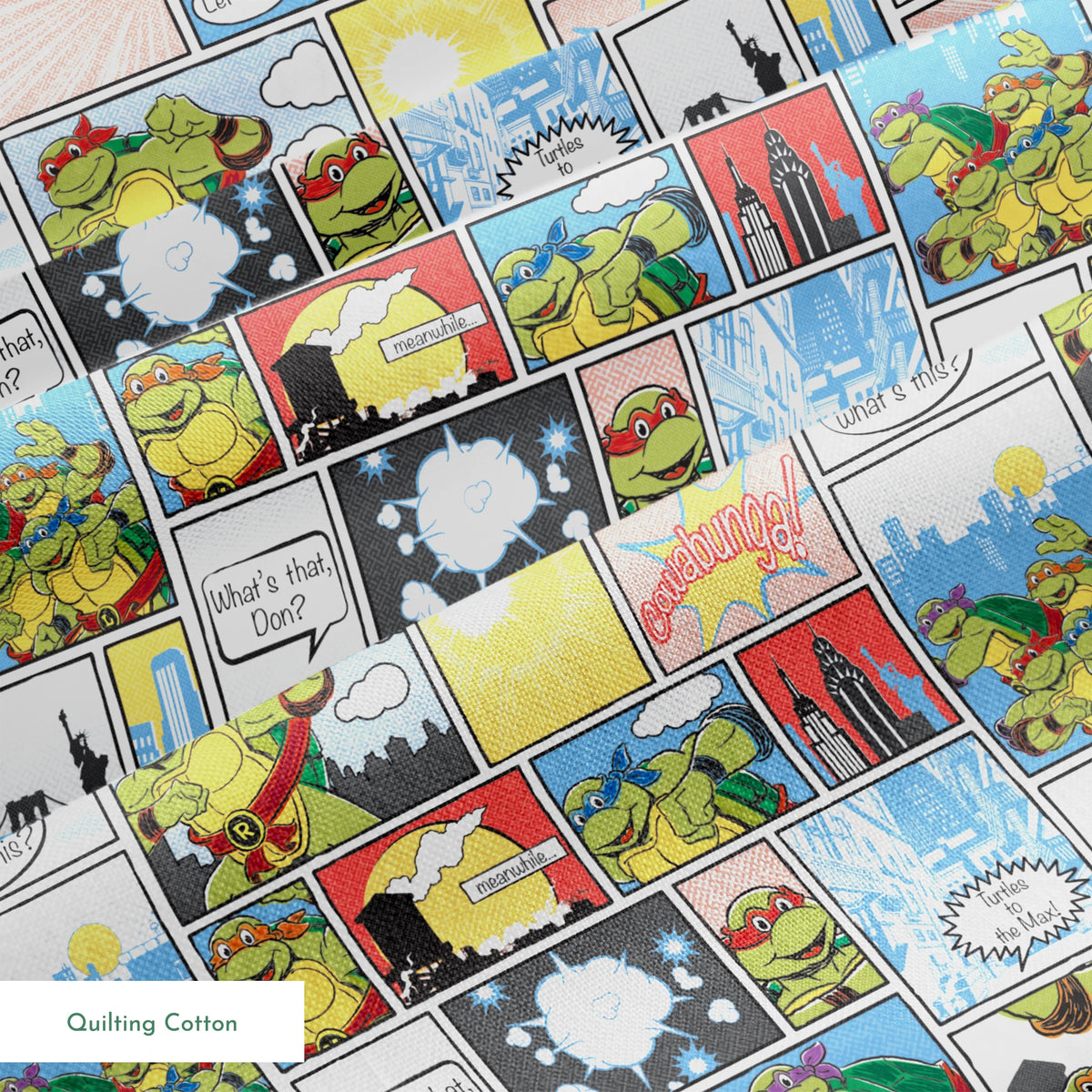 Comic-style grid featuring Teenage Mutant Ninja Turtles with speech bubbles, action scenes, and colorful panels springs quiltingcotton texture
