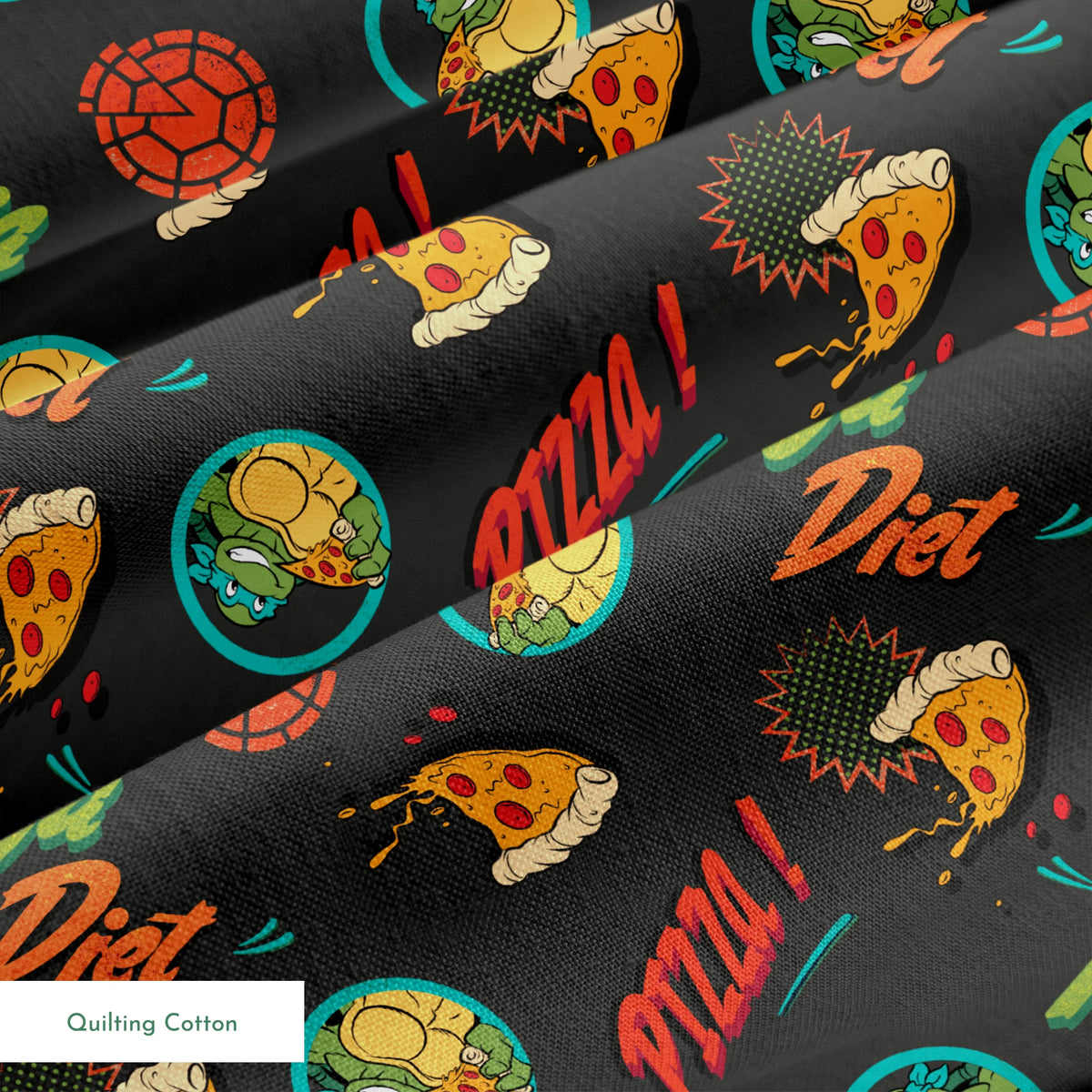 Colorful cartoon pizza pattern with "Pizza!" text, Teenage Mutant Ninja Turtles in circles, and decorative elements on dark background. springs quiltingcotton texture