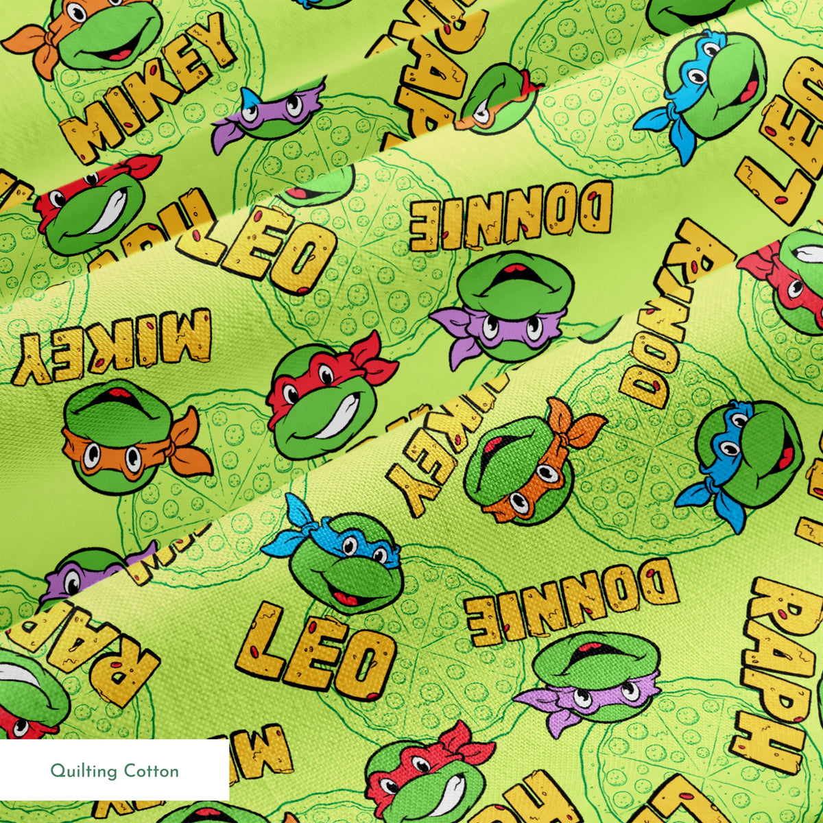 Teenage Mutant Ninja Turtles pattern with cartoon faces, names, and colorful masks on green background springs quiltingcotton texture