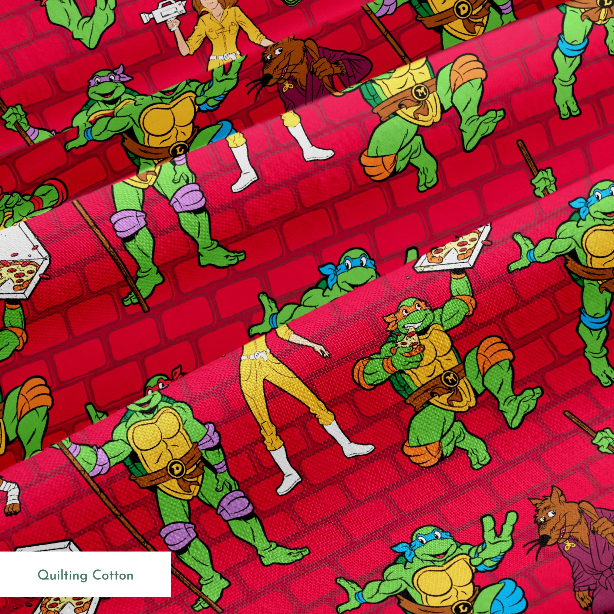 Teenage Mutant Ninja Turtles pattern on red background with green turtle characters in action poses springs quiltingcotton texture