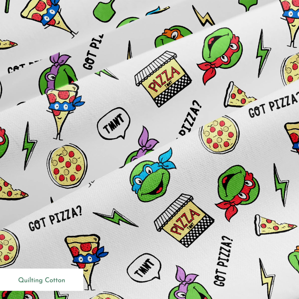 Cartoon pattern with Teenage Mutant Ninja Turtles, pizza slices, whole pizzas, lightning bolts and "GOT PIZZA?" text springs quiltingcotton texture