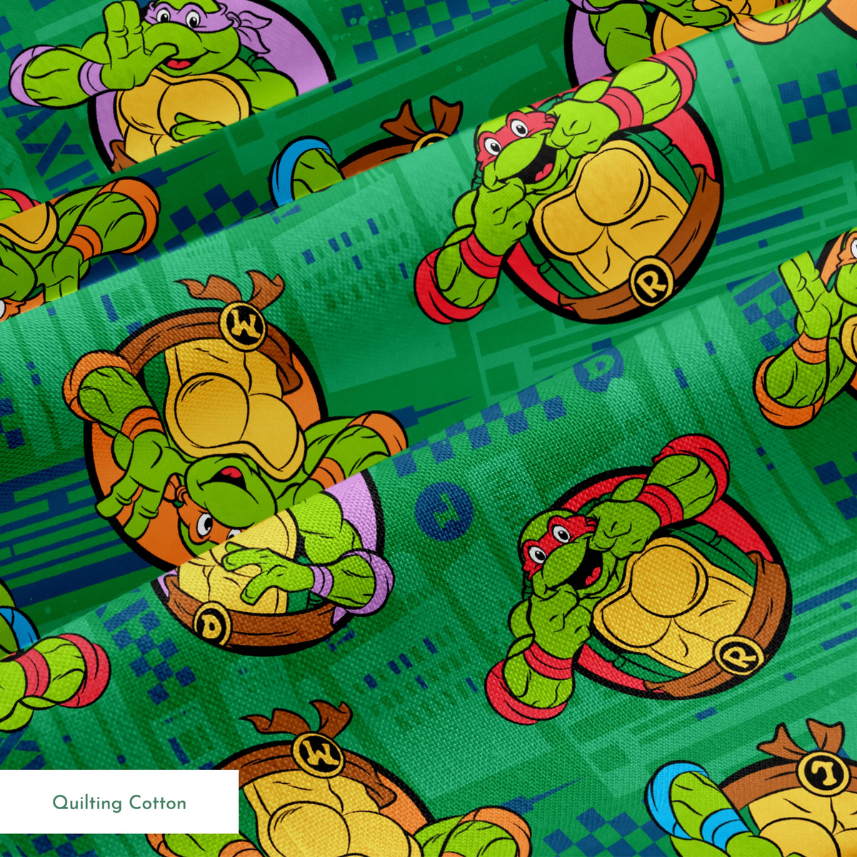 Teenage Mutant Ninja Turtles cartoon characters on green patterned background springs quiltingcotton texture