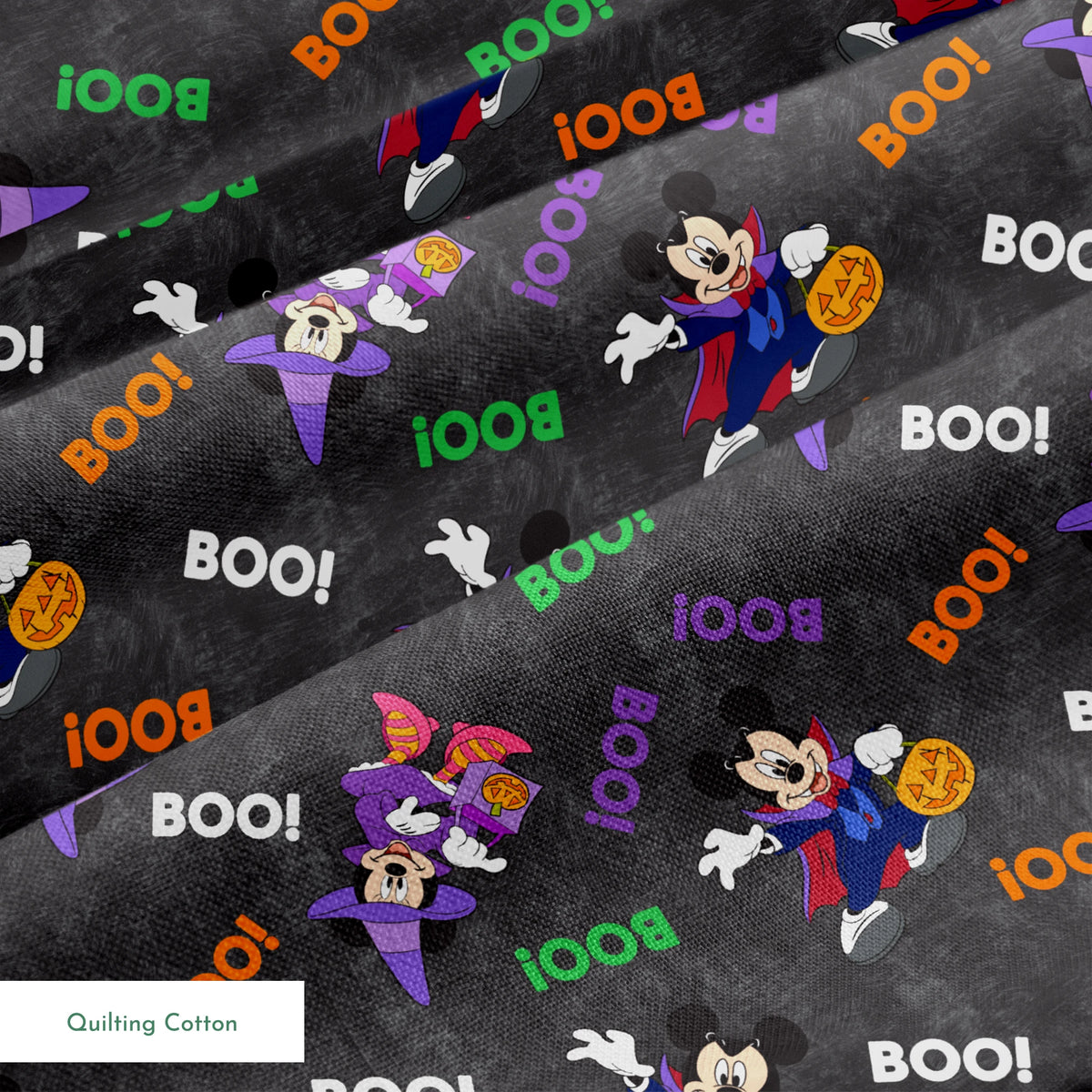 Halloween themed pattern with Disney characters in costumes, pumpkins, and colorful "BOO!" text on dark gray background. springs quiltingcotton texture