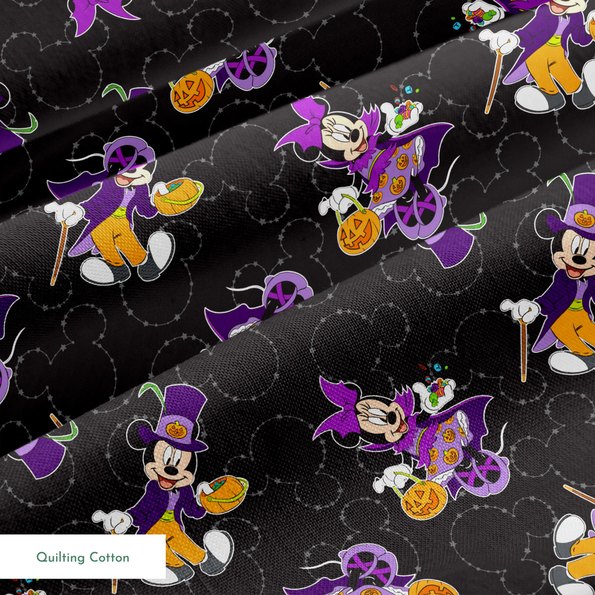 Mickey and Minnie in Halloween costumes on black background with purple, orange, and white details in a scattered pattern springs quiltingcotton texture