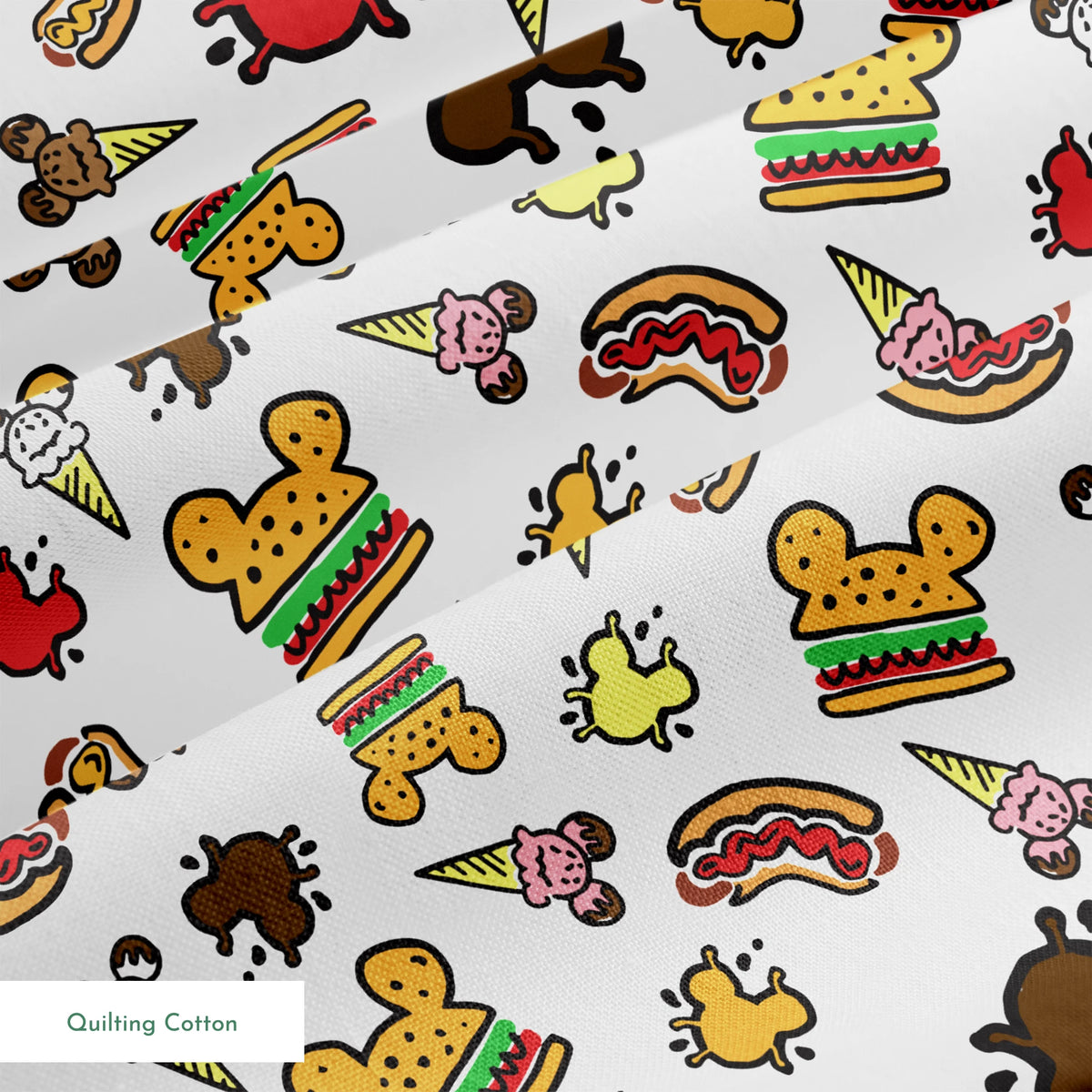 Colorful Disney theme park food icons including Mickey-shaped burgers, ice cream cones, hot dogs and apples on white background springs quiltingcotton texture