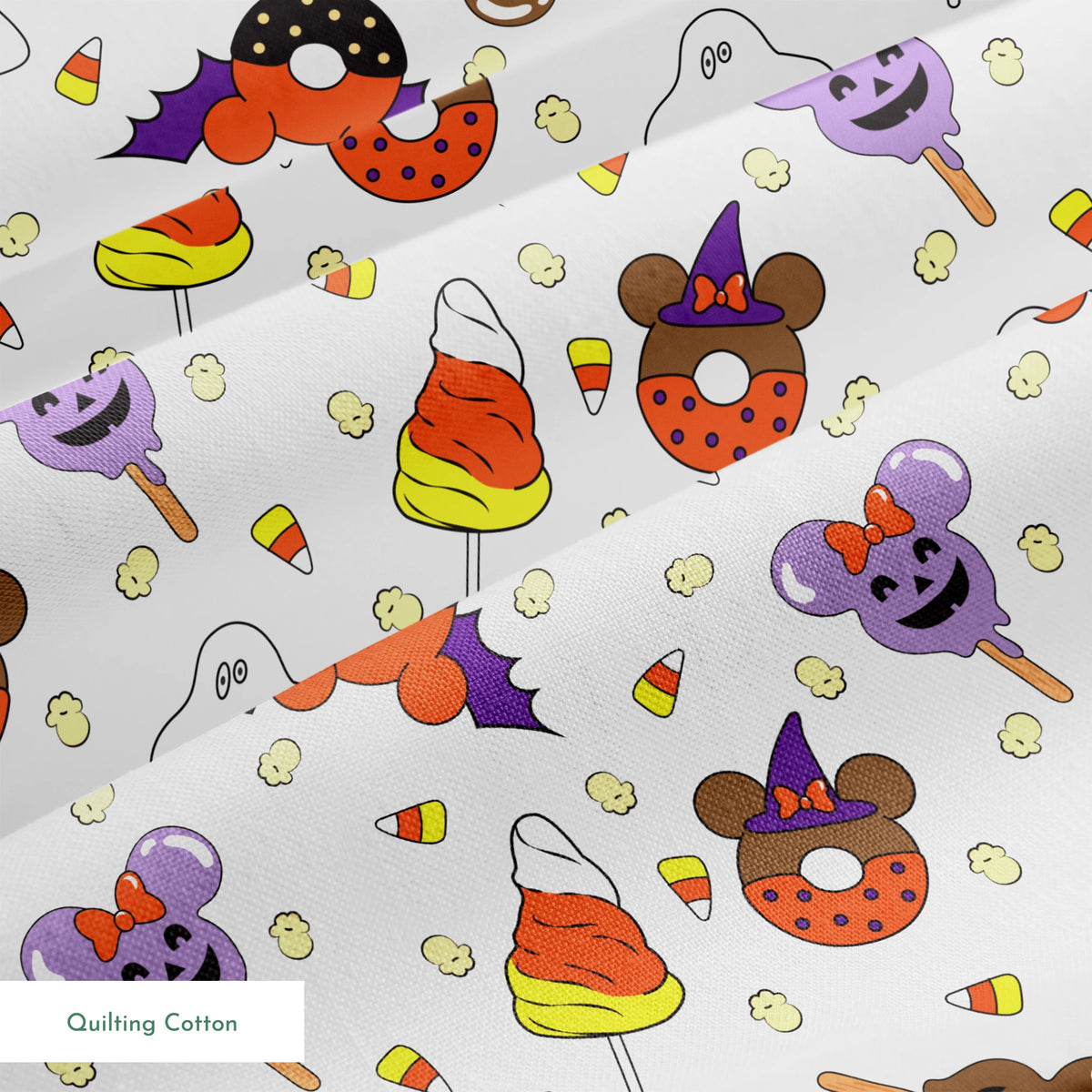 Disney Halloween themed pattern with candy lollipops, ghost, bats, and candy corn springs quiltingcotton texture