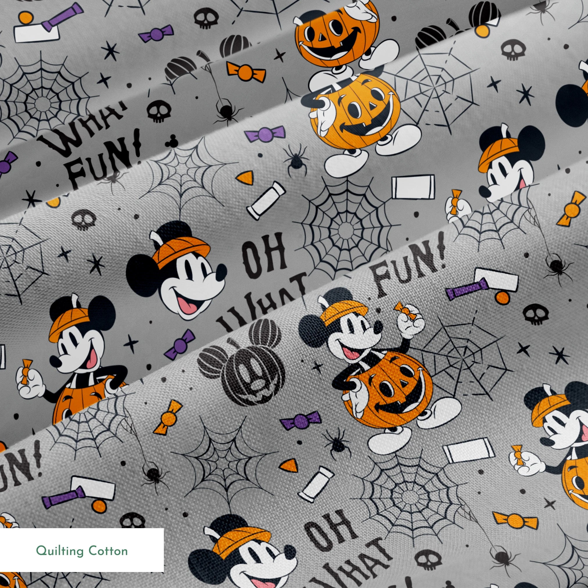 Halloween pattern with Mickey Mouse characters, pumpkins, spider webs, and "Oh What Fun!" text on gray background springs quiltingcotton texture