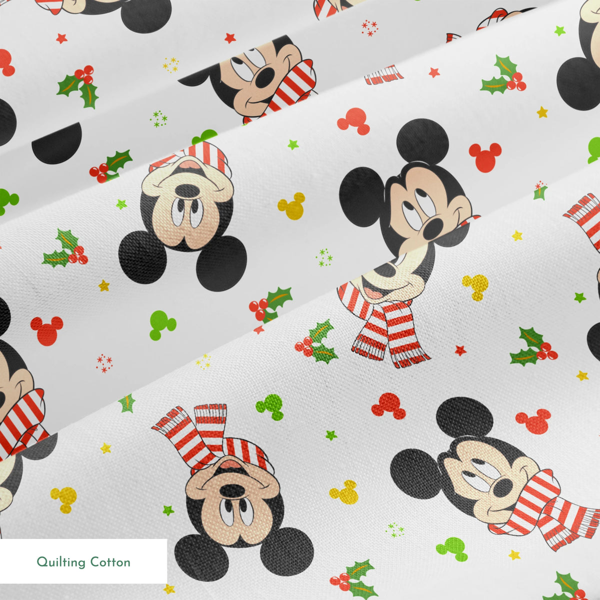 Mickey Mouse wearing red striped scarves, surrounded by holly and colorful icons on white background springs quiltingcotton texture