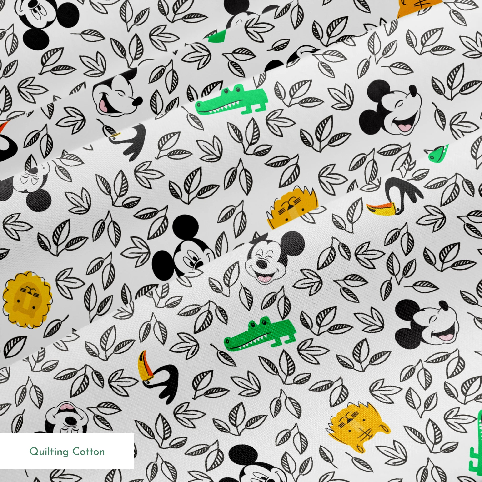 Pattern of cartoon Mickey Mouse silhouettes with yellow honeycomb, green bamboo, and black and white leaves springs quiltingcotton texture