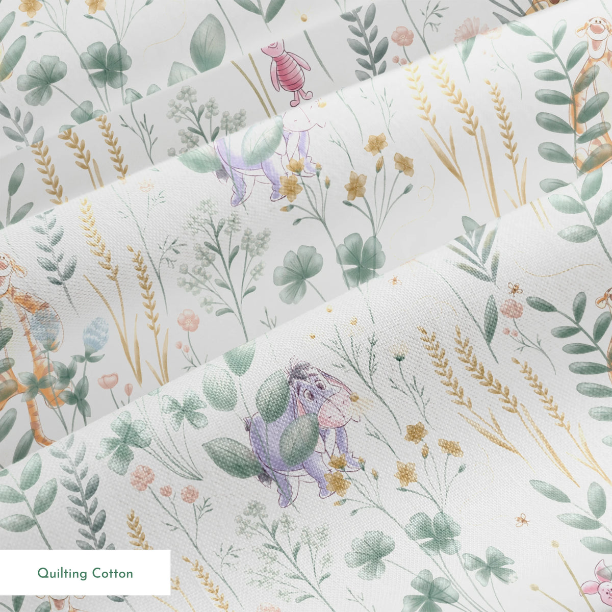 Whimsical botanical pattern with colorful teddy bears and creatures among green plants and flowers springs quiltingcotton texture