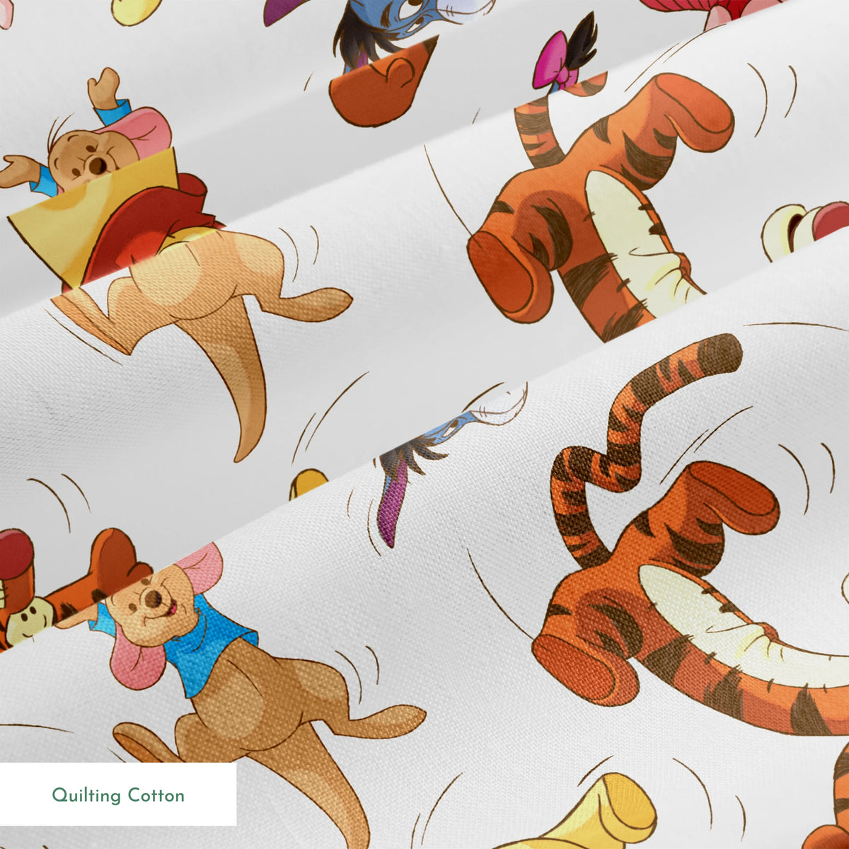 Colorful pattern featuring Winnie the Pooh characters jumping and bouncing on white background springs quiltingcotton texture