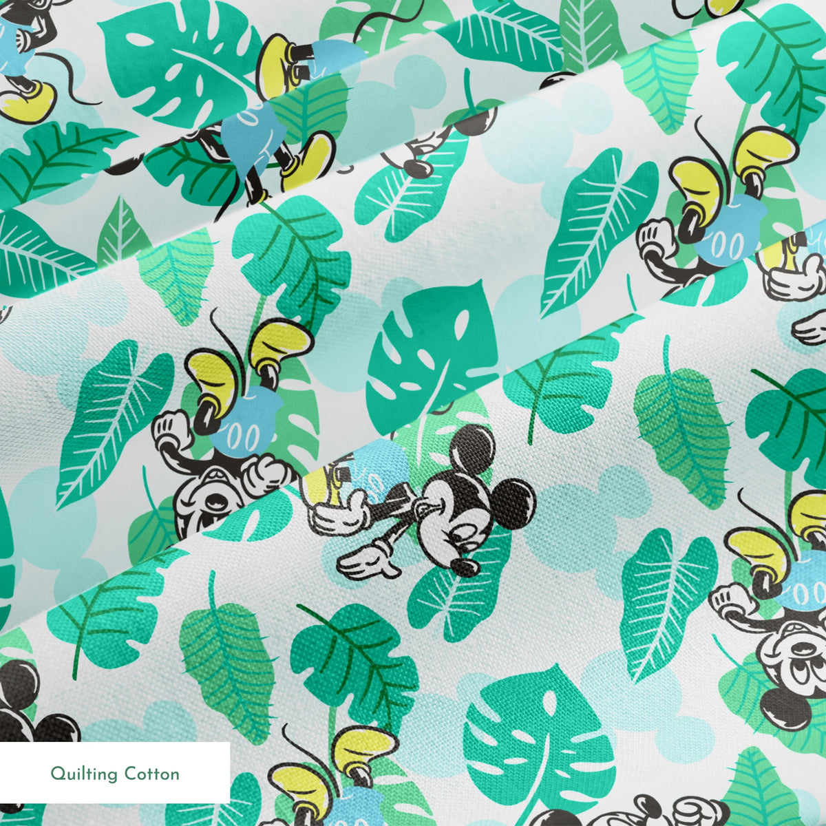 Colorful pattern with cartoon mice characters and tropical green leaves on a light blue background springs quiltingcotton texture