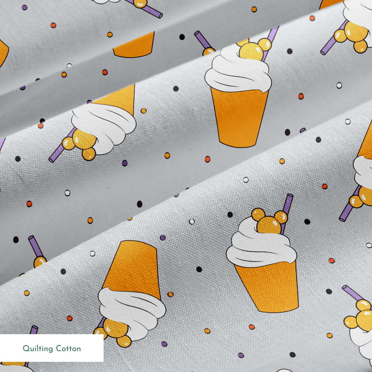 Orange Disney-inspired drinks with whipped cream and purple straws on gray background with colorful dots springs quiltingcotton texture
