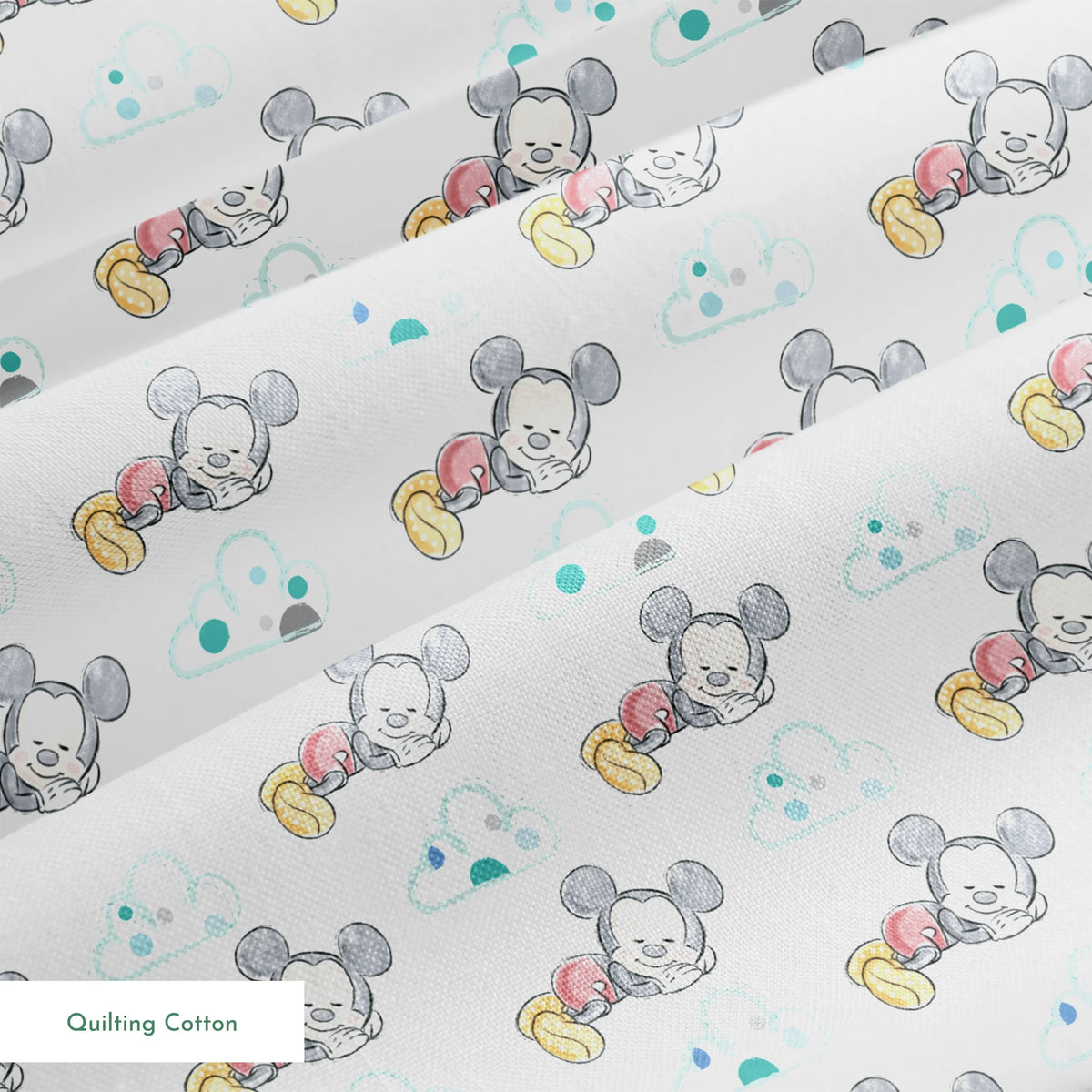Cute cartoon mouse characters sleeping peacefully on white background with mint green clouds pattern springs quiltingcotton texture