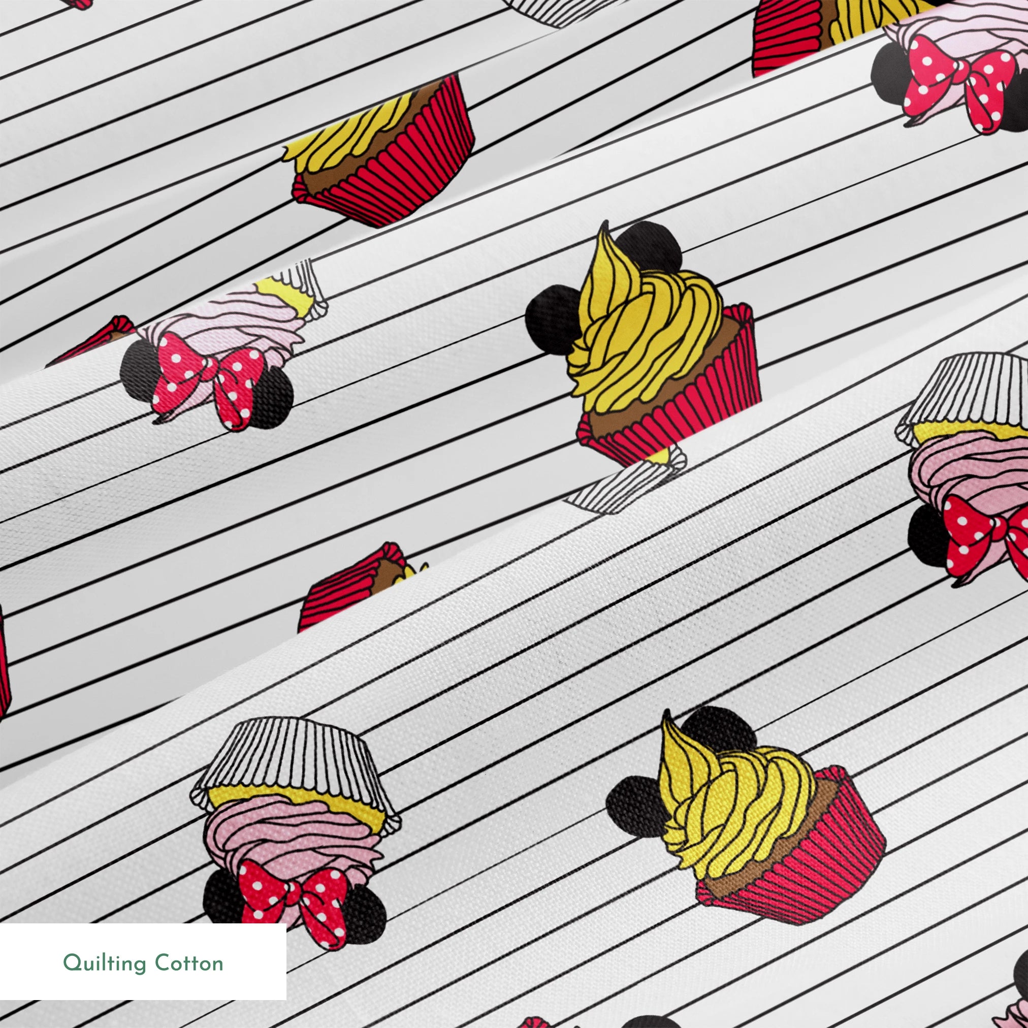 Colorful cartoon cupcakes with Mickey Mouse ears and bows scattered on striped background springs quiltingcotton texture