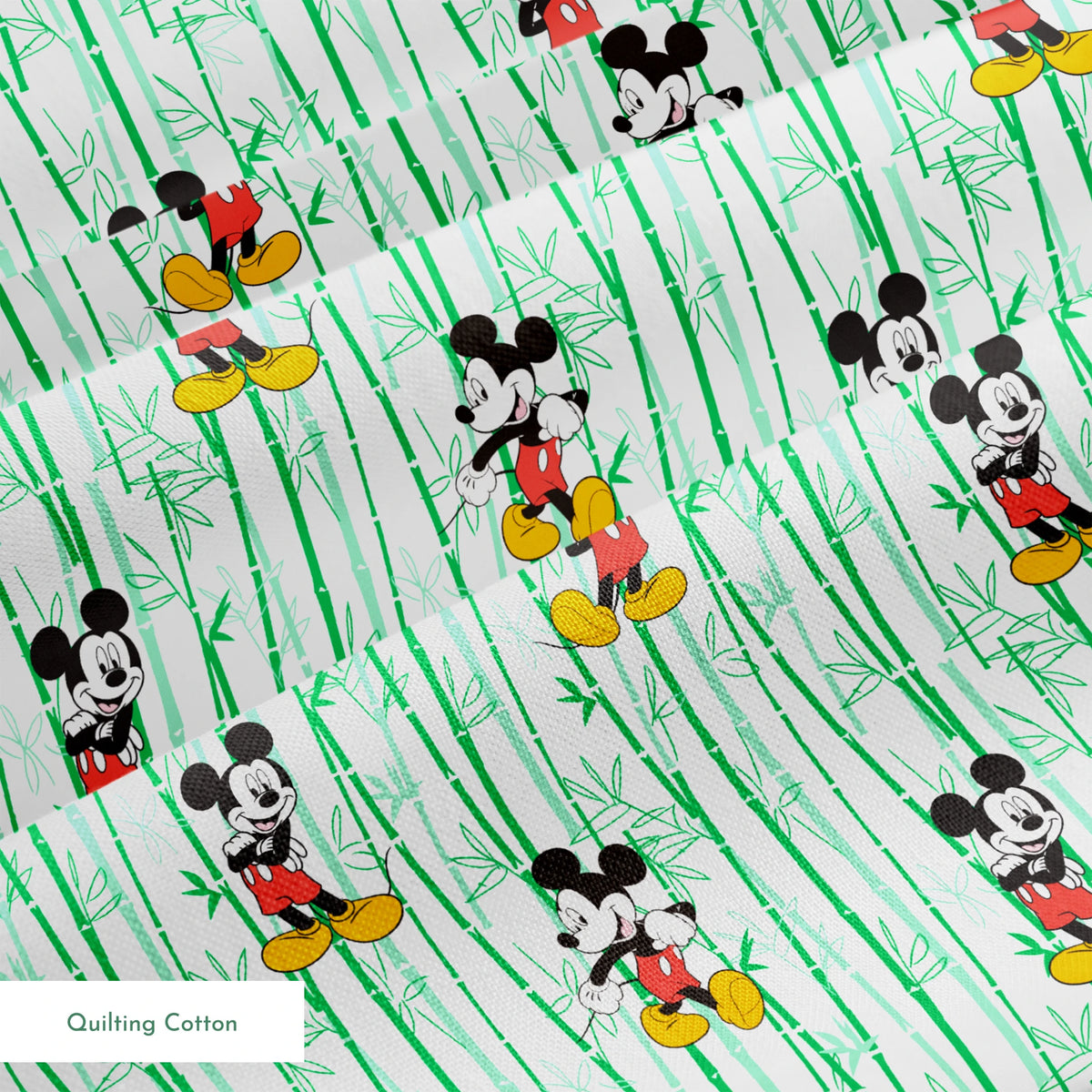 Cartoon mouse character pattern on white background with green vertical stripes springs quiltingcotton texture