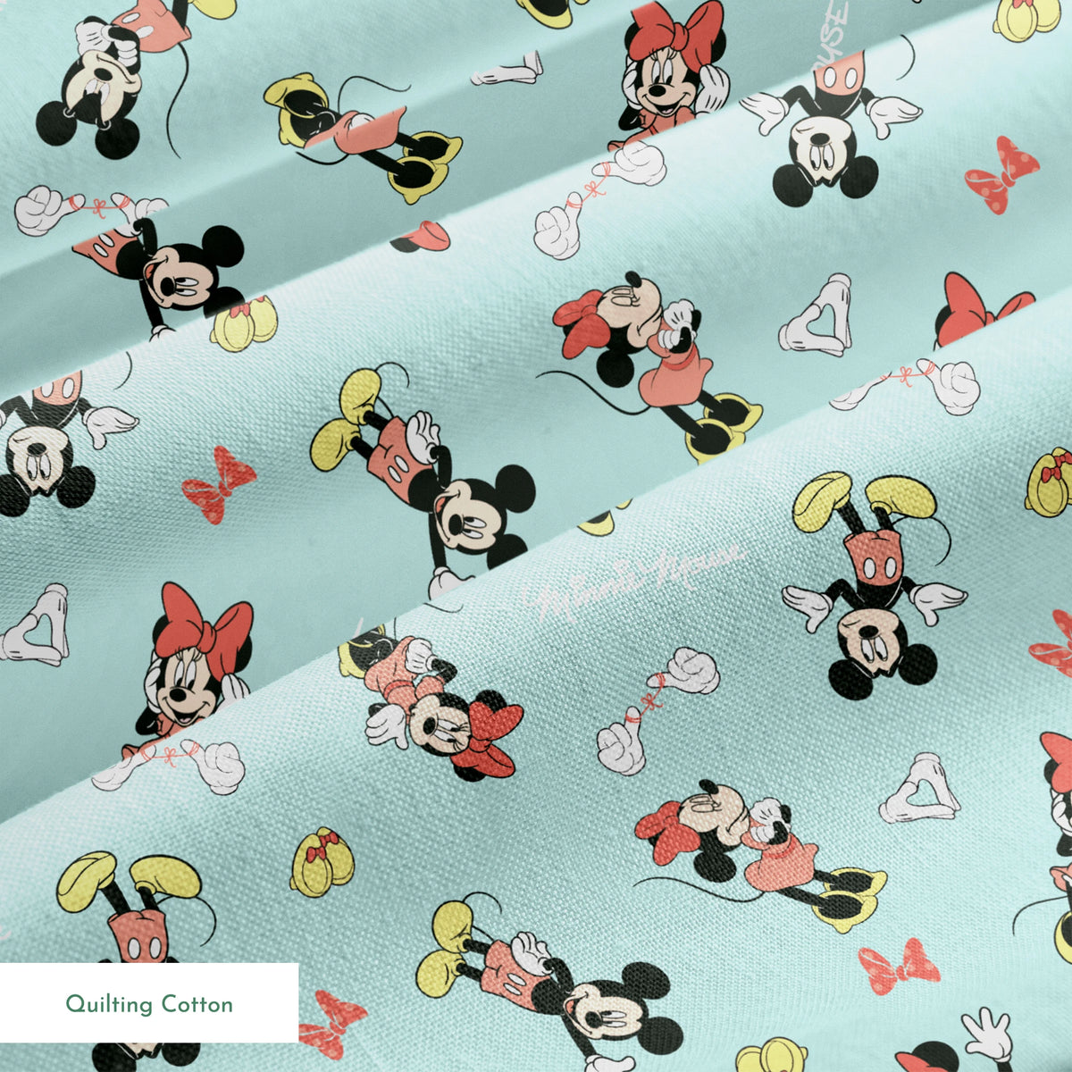 Mickey and Minnie Mouse pattern on light turquoise background with scattered characters, bows, and gloves springs quiltingcotton texture