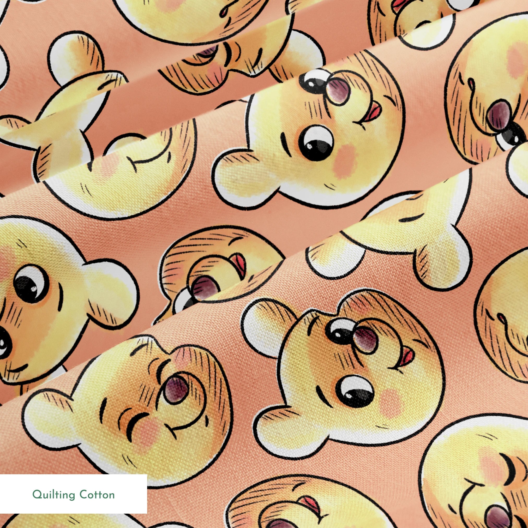 Cartoon teddy bear faces with cute expressions on peach background in repeating pattern springs quiltingcotton texture