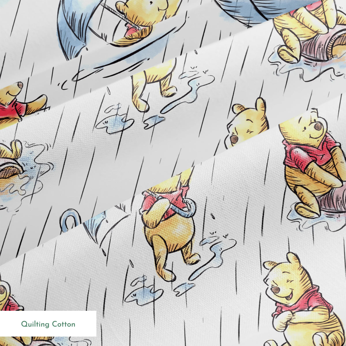Small bear characters in a rainy scene - some holding umbrellas, others in paper boats, wearing red shirts springs quiltingcotton texture