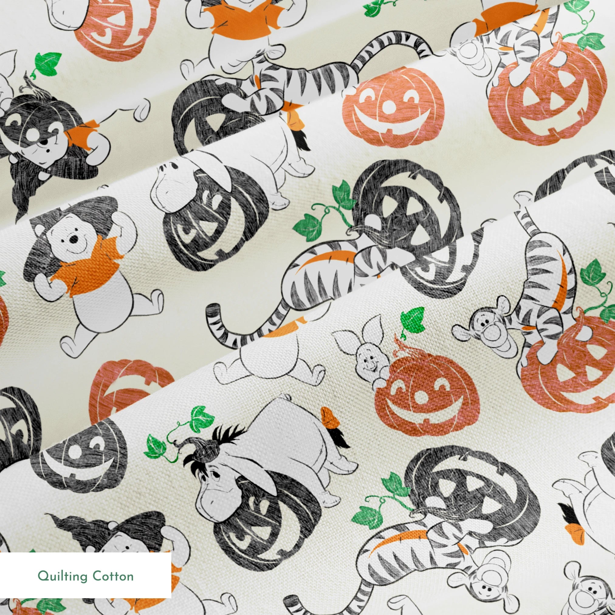 Whimsical Halloween pattern with cartoon ghosts, pumpkins, cats, and bears on cream background springs quiltingcotton texture