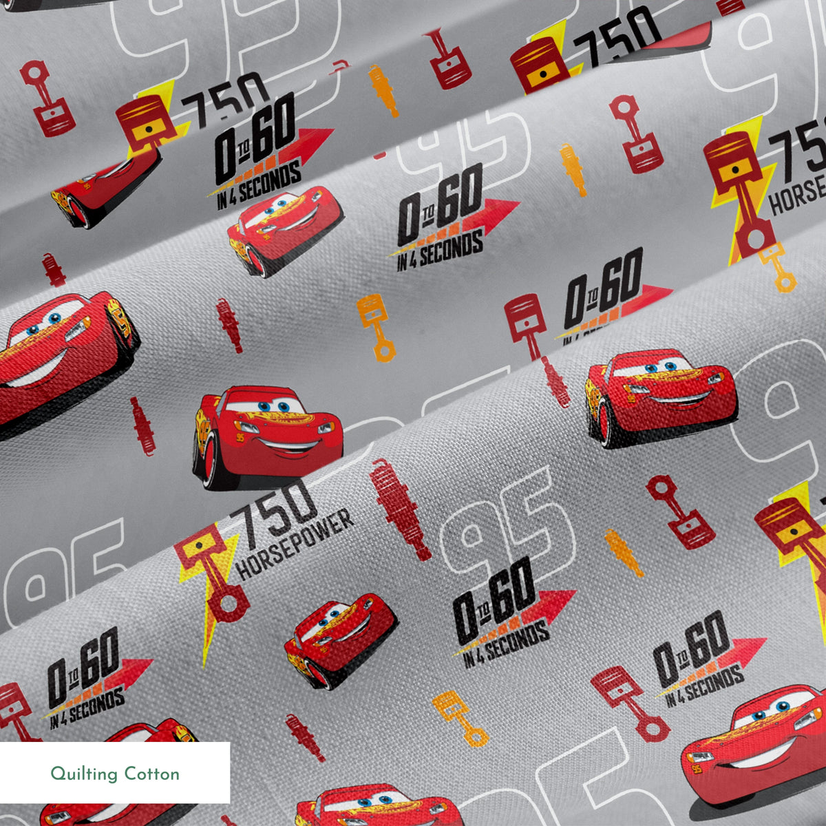 Red race cars with number 95 on gray background with racing graphics and "750 horsepower" text springs quiltingcotton texture