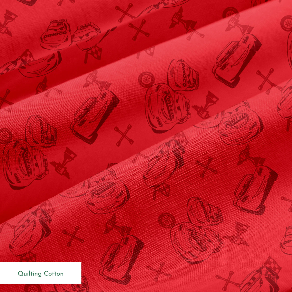 Red background with hand-drawn cartoon cars, tires, and tools in a repeating pattern springs quiltingcotton texture