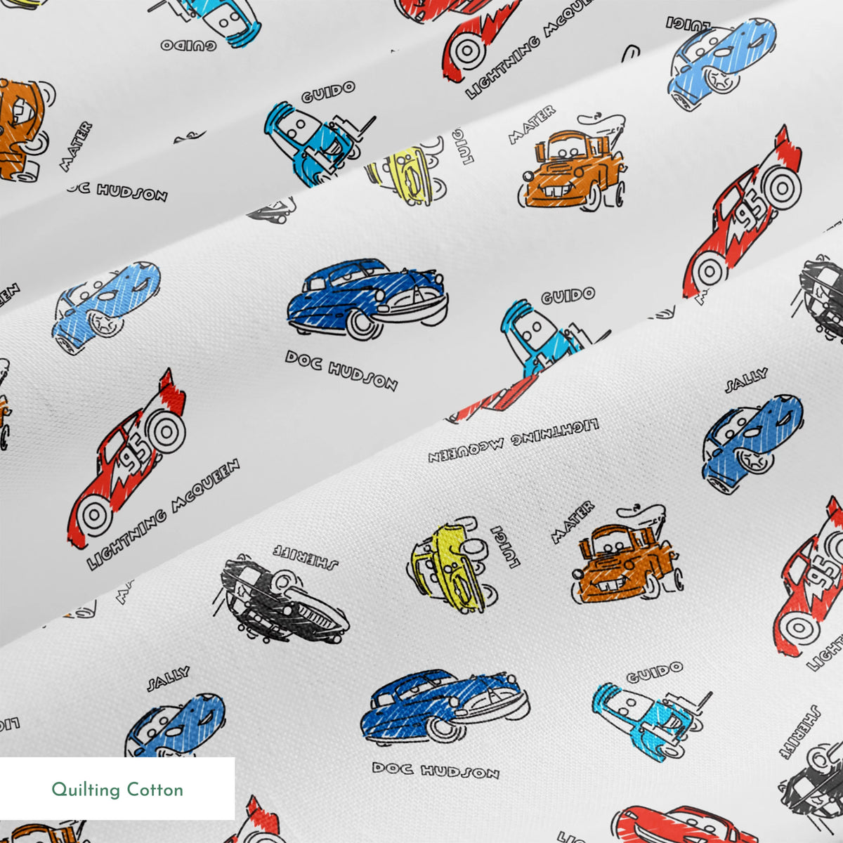 Colorful cartoon race cars in various colors scattered on white background with small text labels springs quiltingcotton texture