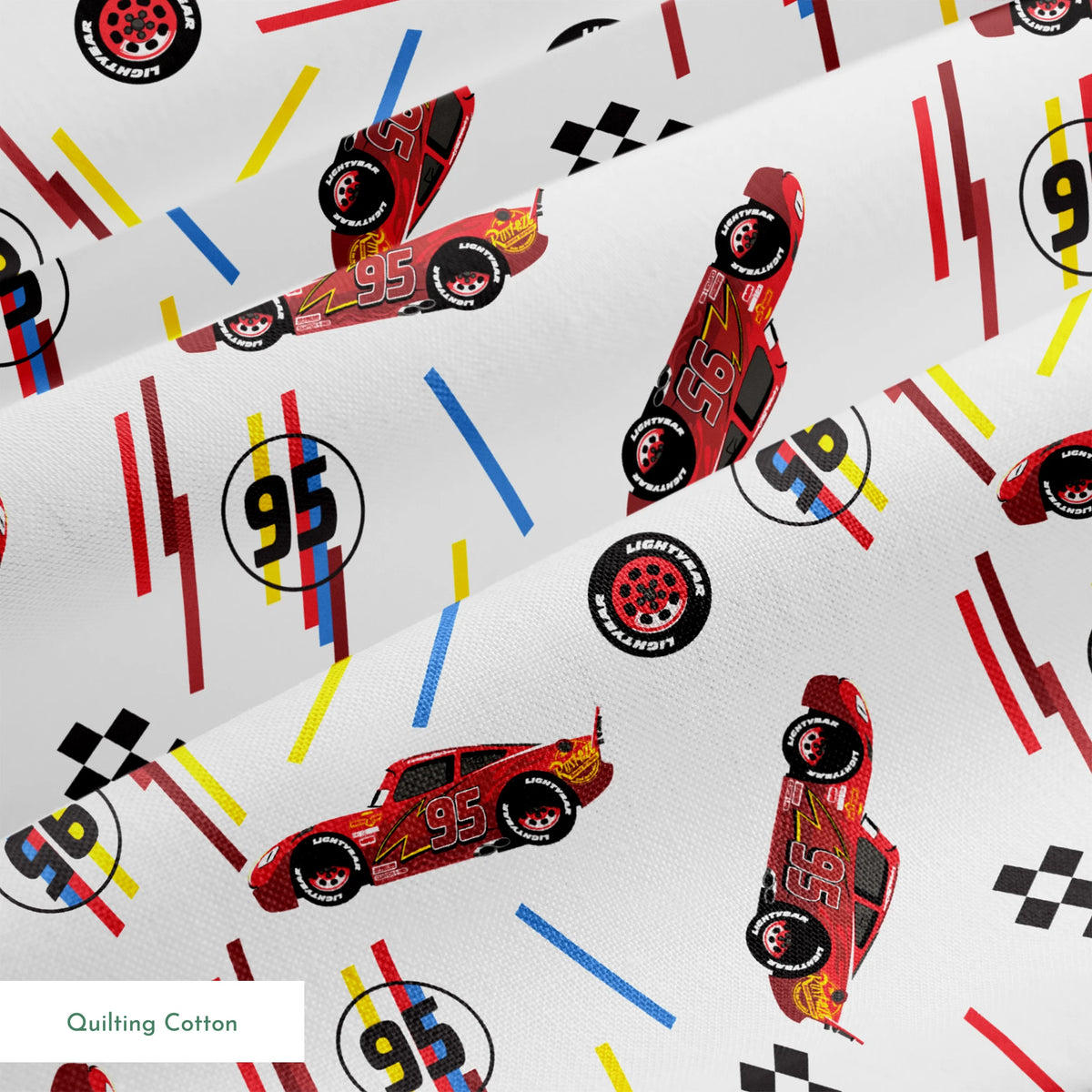 Racing car pattern with red toy cars, checkered flags, number 95 emblems, and colorful lines on white background springs quiltingcotton texture