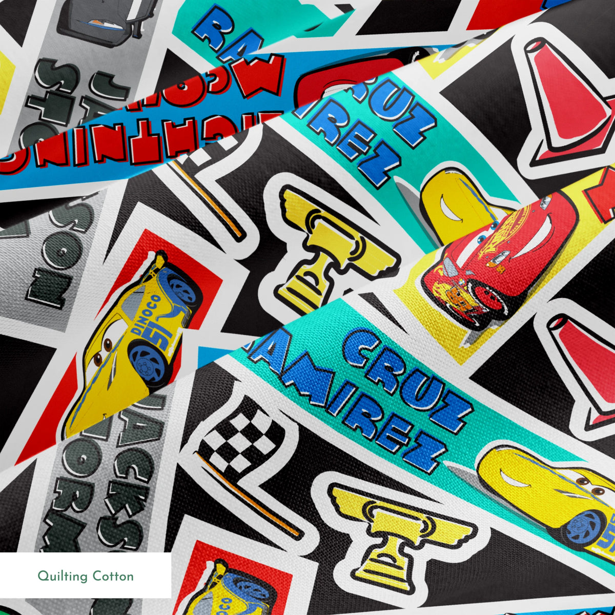 Colorful Cars movie stickers featuring Lightning McQueen, racing themes, and car motifs in vibrant colors. springs quiltingcotton texture