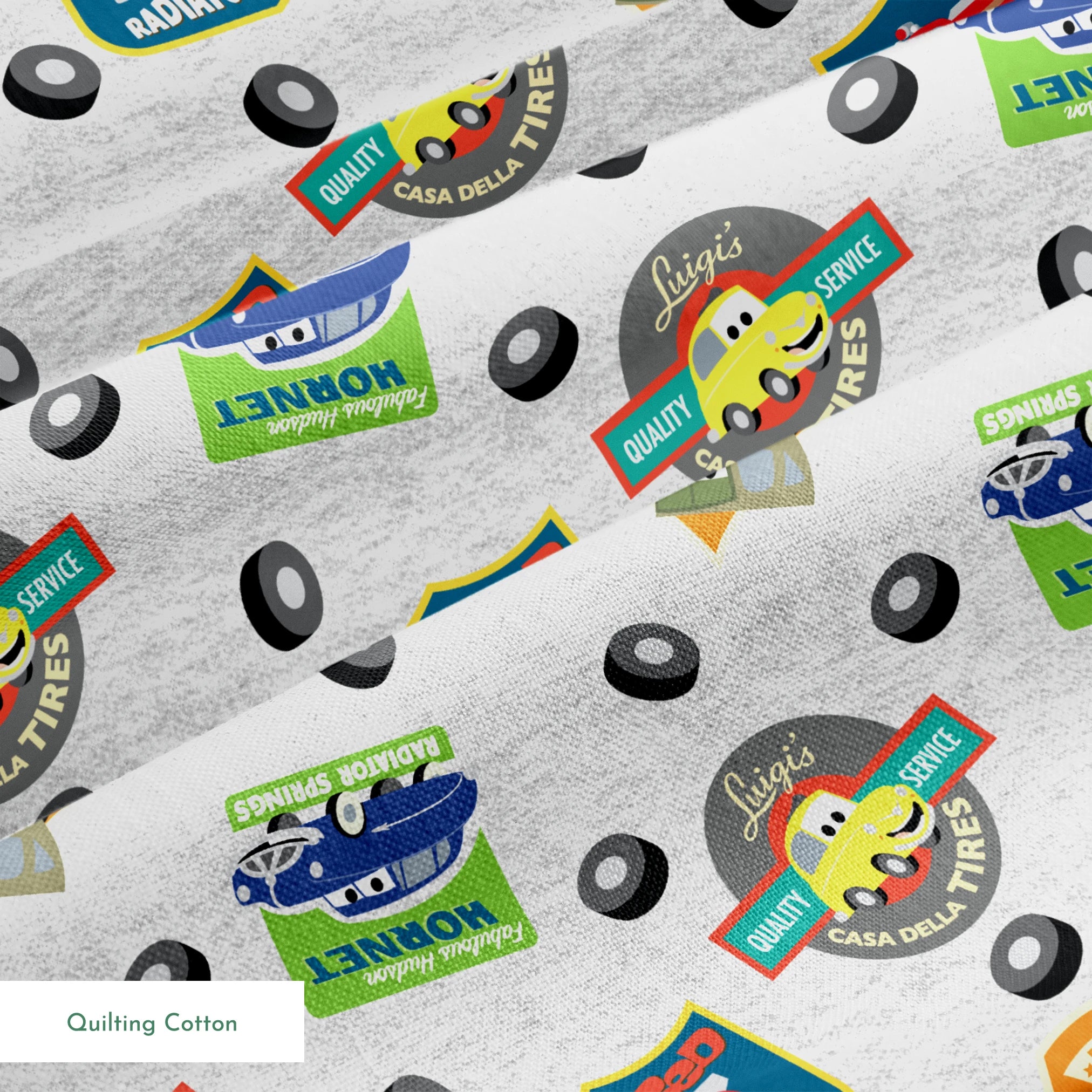 Cartoon vehicle characters on gray fabric with badges for Radiator Springs, Luigi's, and Sarge's springs quiltingcotton texture