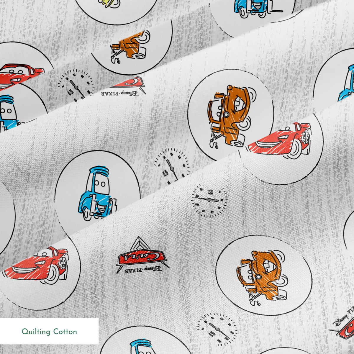 Cartoon Cars movie characters in white circles on a light gray sketched background with Cars logos springs quiltingcotton texture