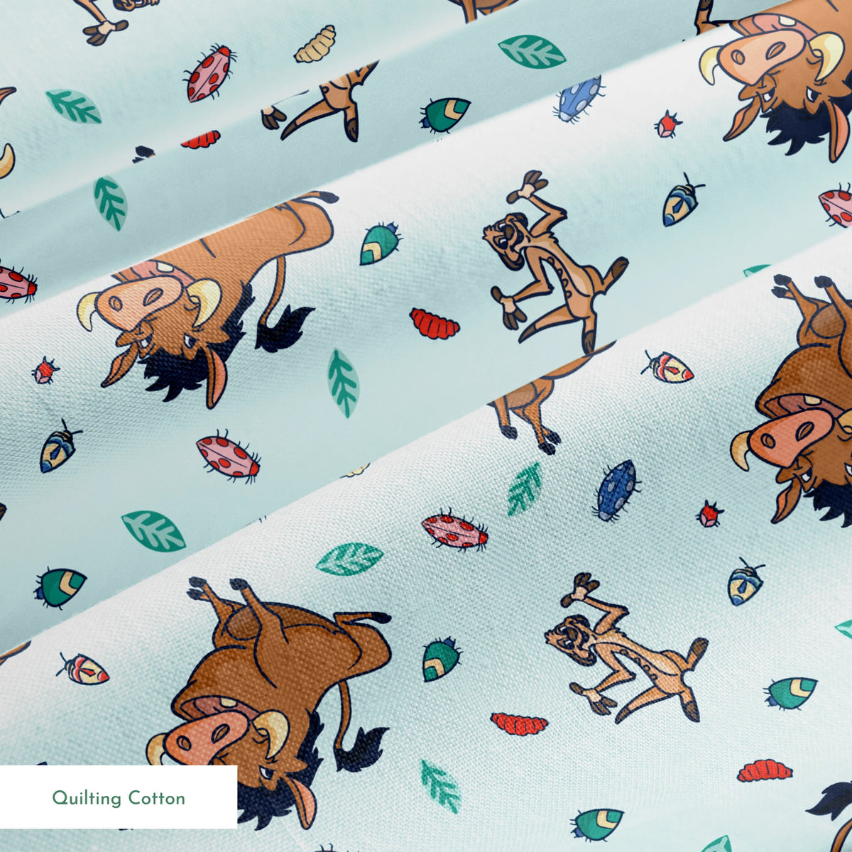 Lion King characters and colorful leaves scattered on light blue background in playful pattern springs quiltingcotton texture