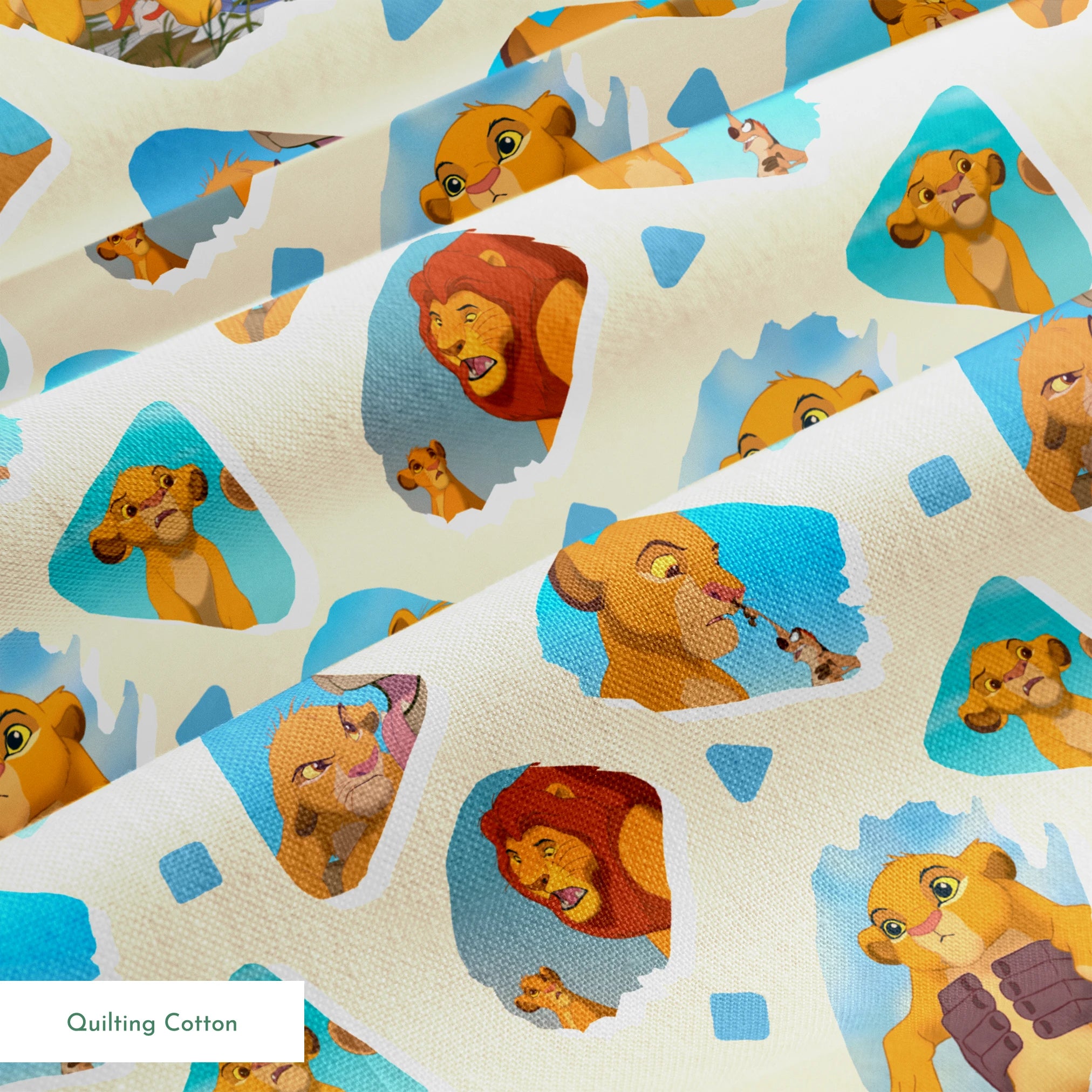 Young lion cub characters from The Lion King in a repeating pattern on cream background springs quiltingcotton texture