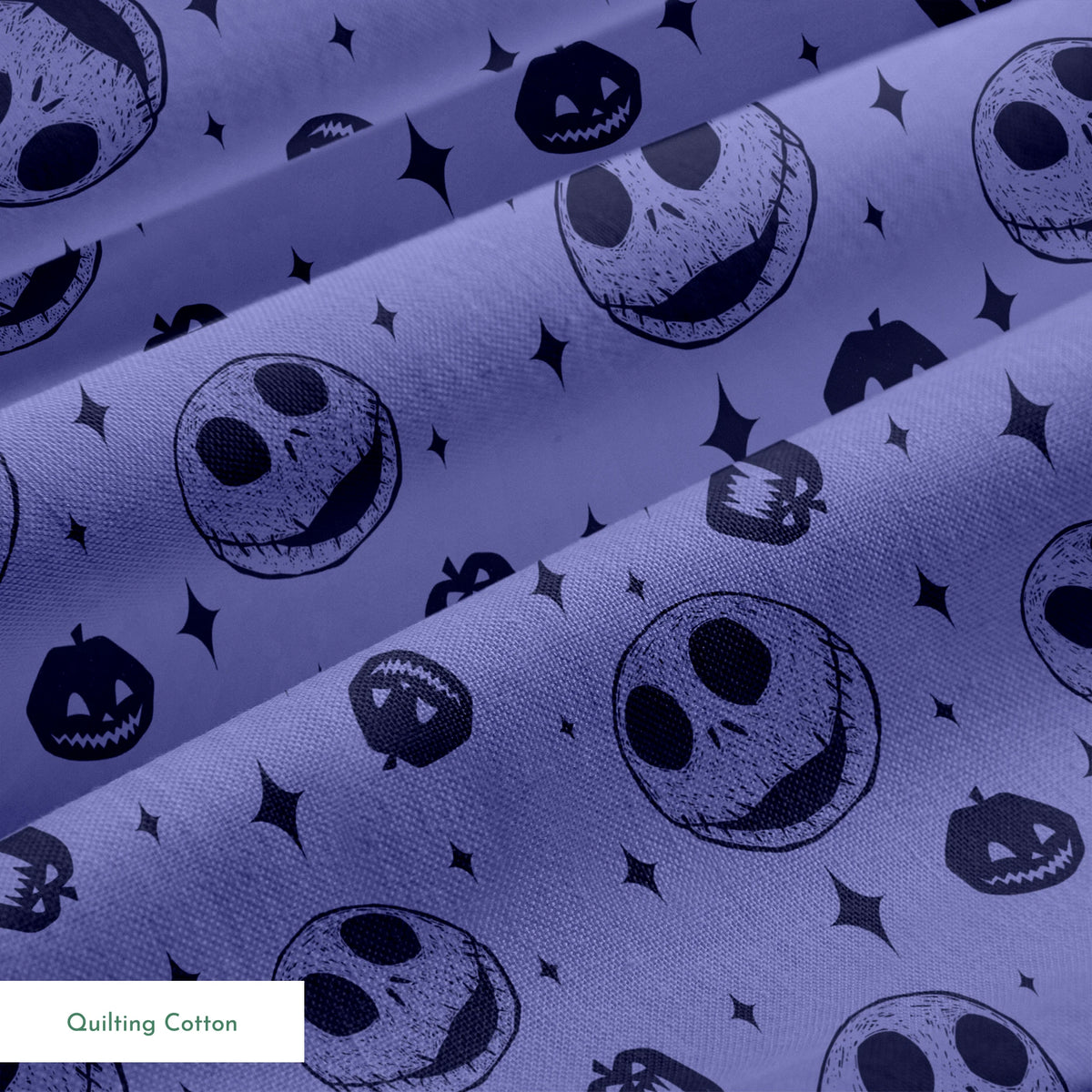 Nightmare Before Christmas skull and pumpkin pattern on purple background with black star shapes springs quiltingcotton texture
