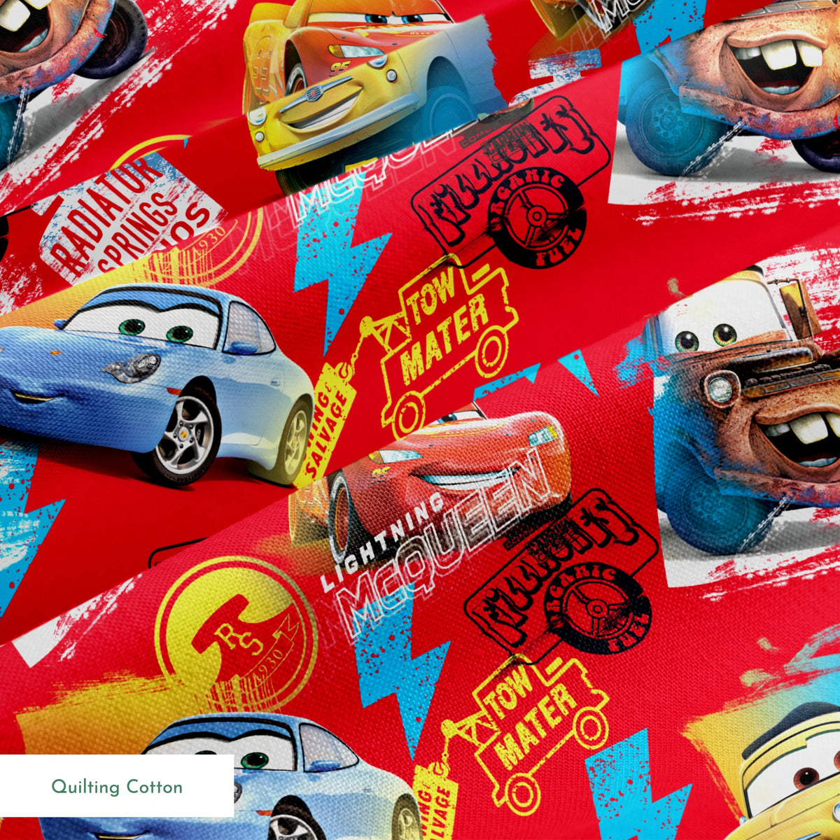 Colorful Cars movie characters pattern featuring Lightning McQueen and Mater on red background with logos springs quiltingcotton texture
