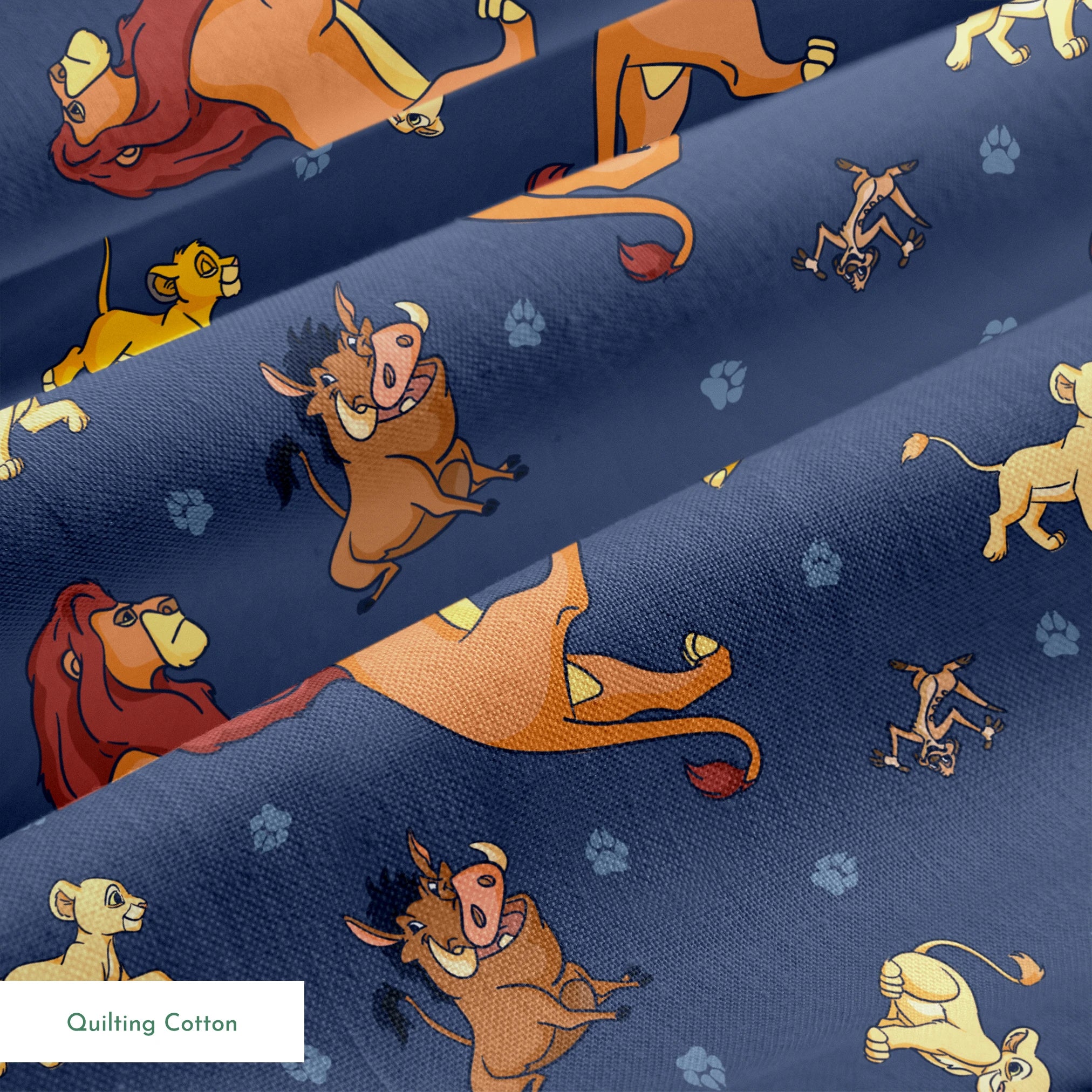 Colorful cartoon lions and characters from The Lion King scattered on dark blue background with paw prints springs quiltingcotton texture