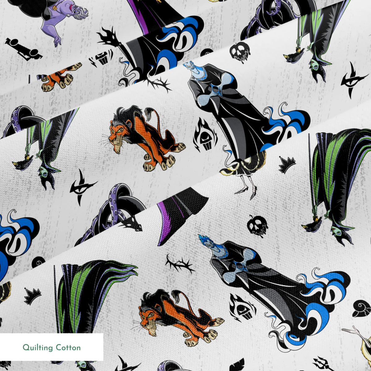 Disney villains pattern with stylized character silhouettes in black, purple, green, and orange on textured white background springs quiltingcotton texture