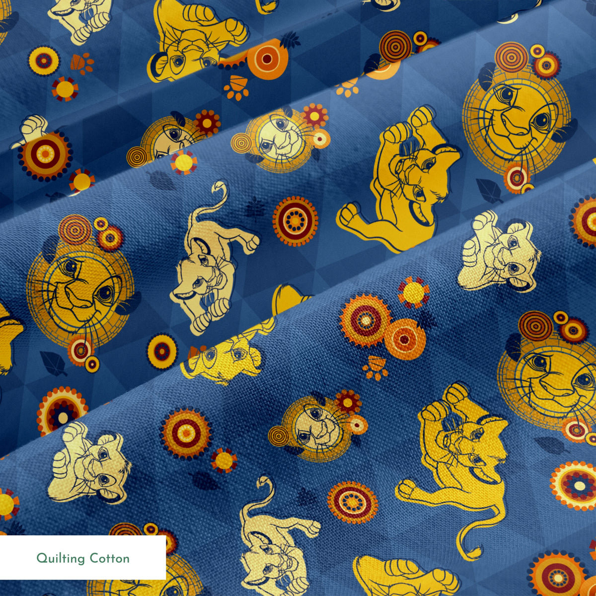 Geometric pattern with yellow lion figures and circular designs on blue triangular background springs quiltingcotton texture