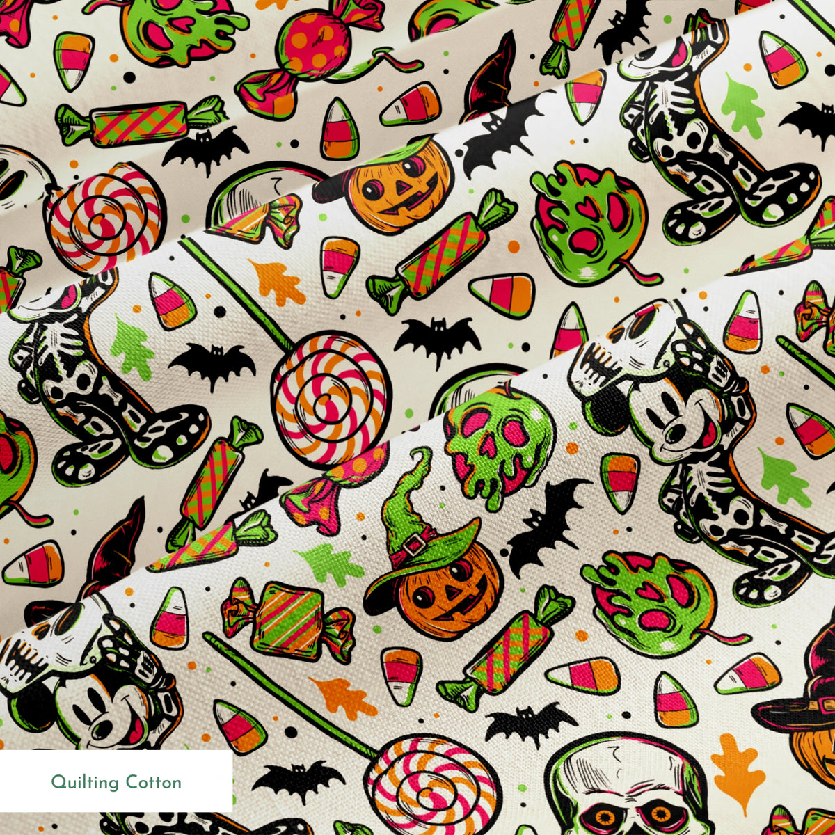Halloween pattern with skulls, pumpkins, candy corn, wrapped candies, lollipops, bats, and autumn leaves on cream background springs quiltingcotton texture