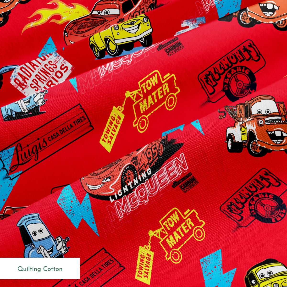 Colorful Disney Cars pattern featuring Lightning McQueen and Mater on vibrant red background with logos springs quiltingcotton texture