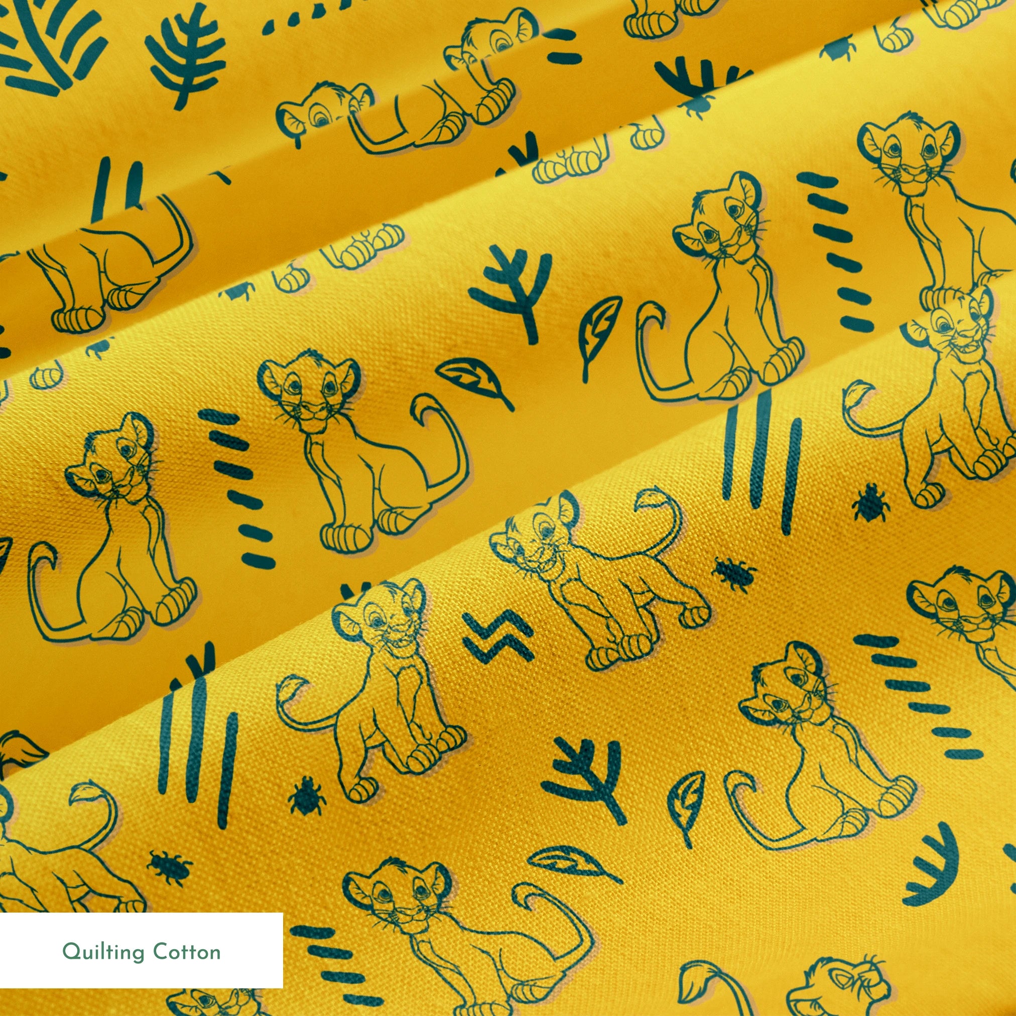 Pattern of cartoon lion cubs with green leaves and decorative elements on bright yellow background springs quiltingcotton texture