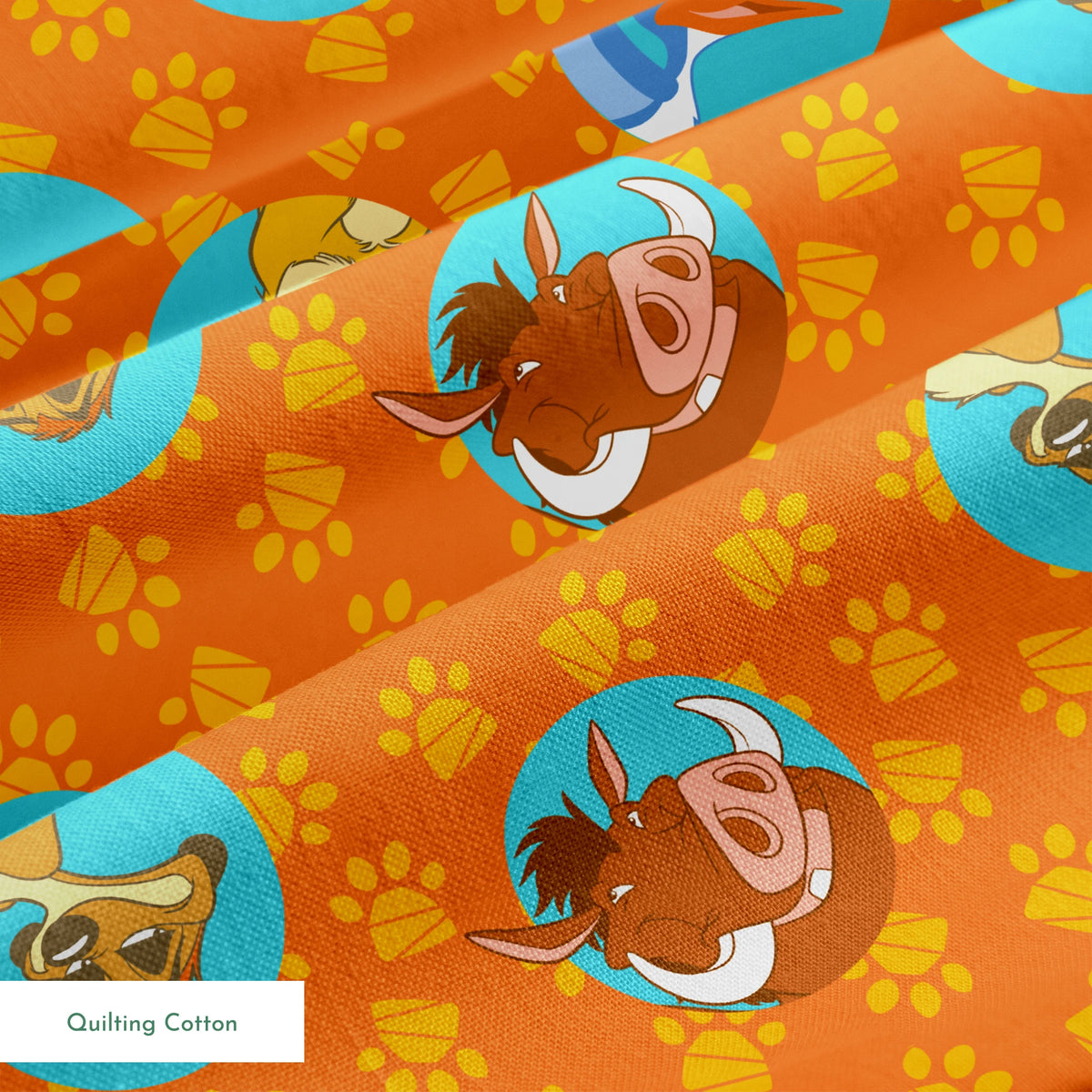 Cartoon animal characters in blue circles on orange background with yellow paw prints pattern springs quiltingcotton texture