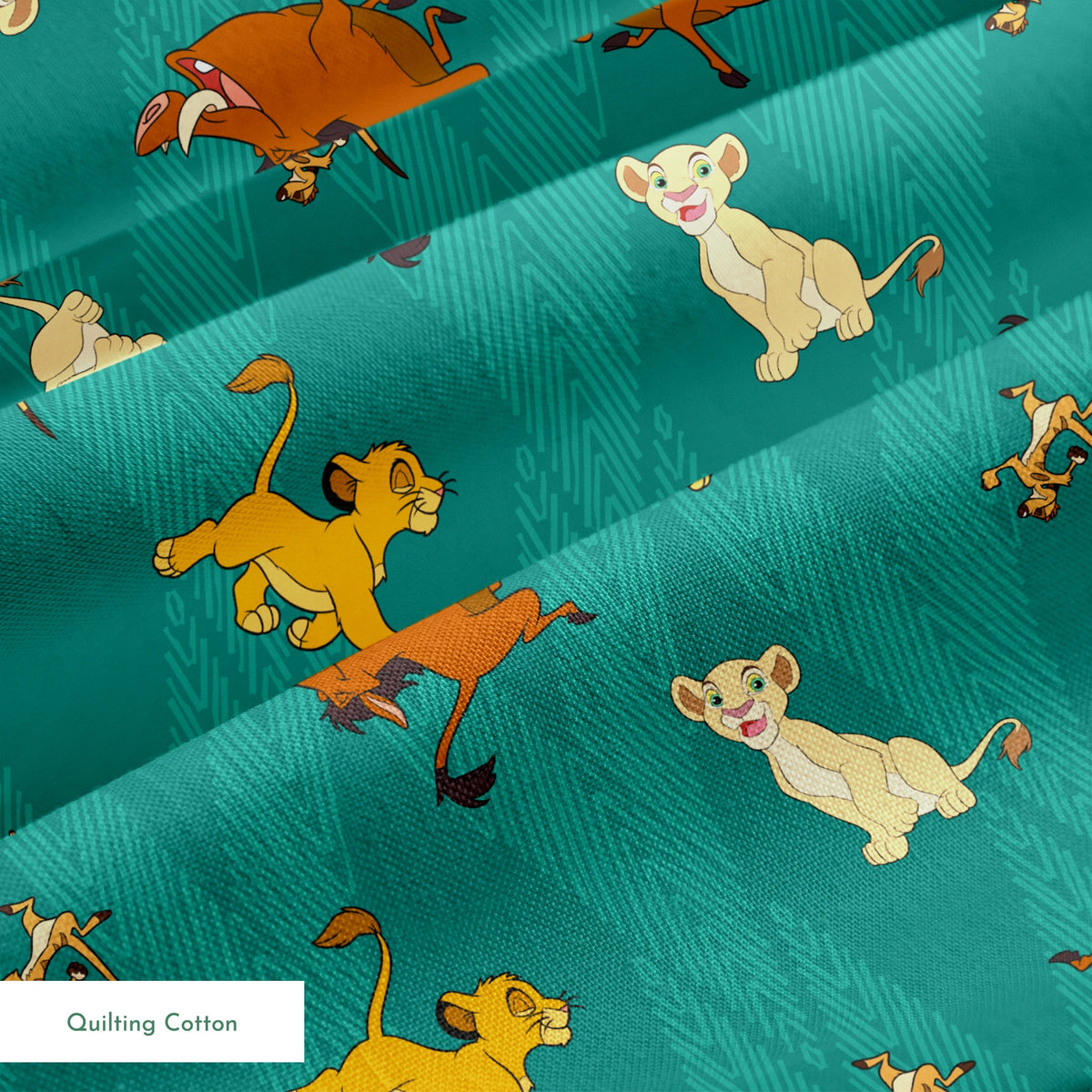 Lion cubs in various poses on teal zigzag background; yellow, cream, and brown lions jumping and sitting springs quiltingcotton texture